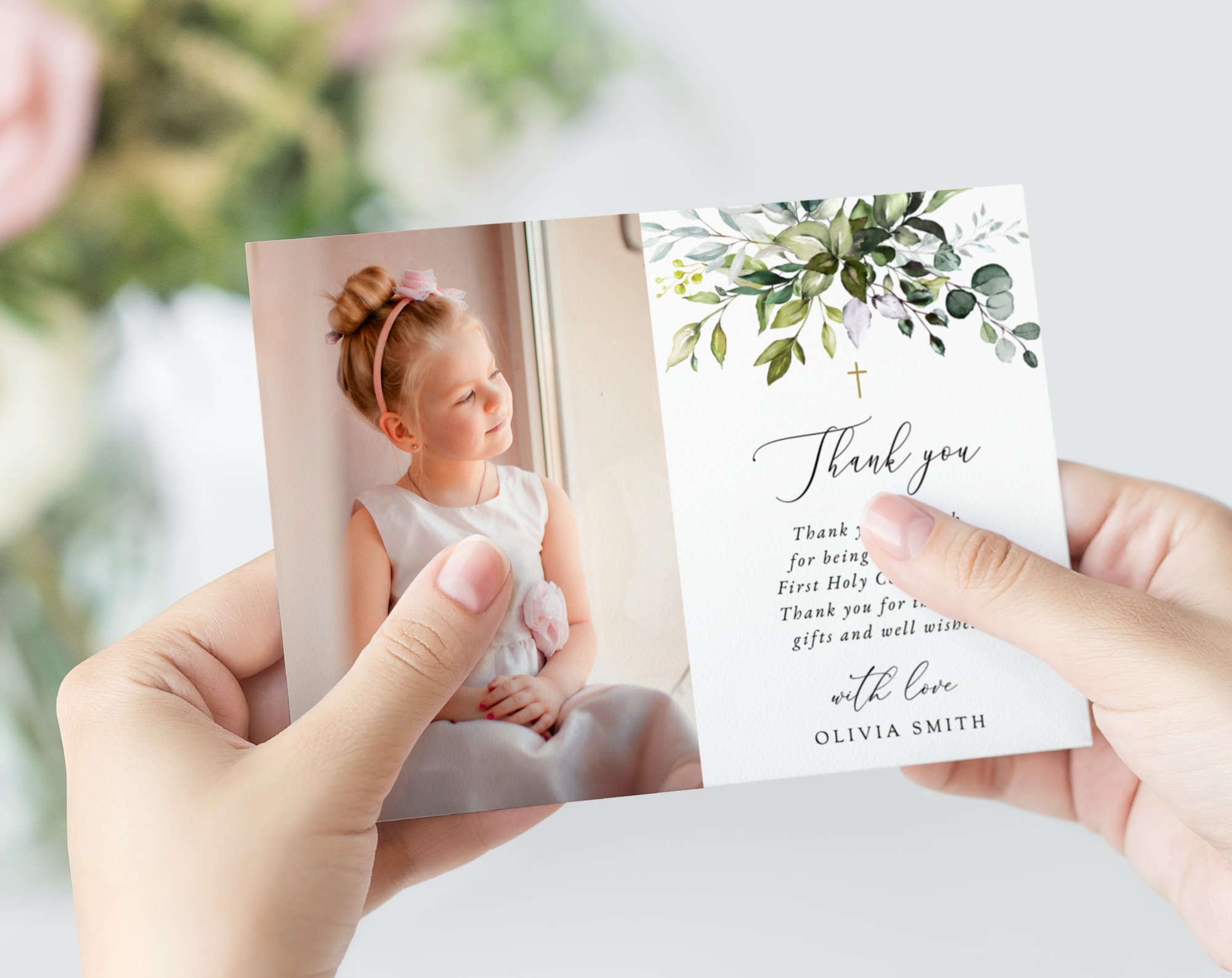 Eucalyptus Leaves First Holy Communion Thank You Card, Printable File, Edit Yourself, SH151