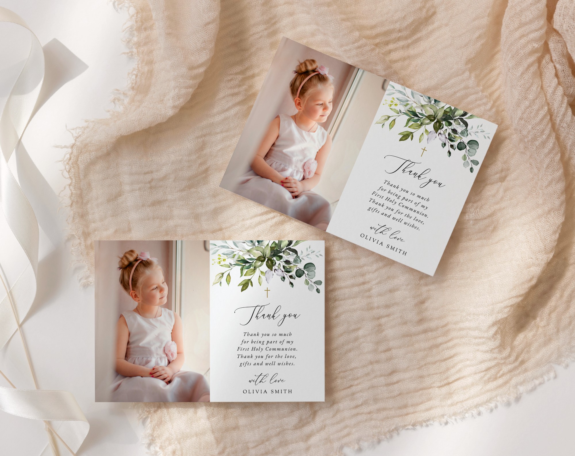 Eucalyptus Leaves First Holy Communion Thank You Card, Printable File, Edit Yourself, SH151