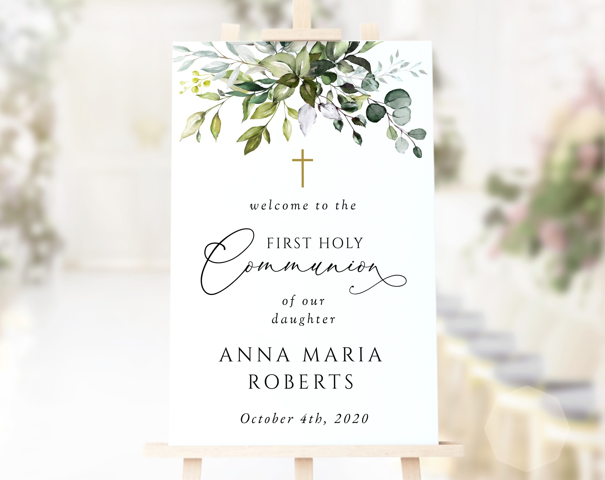 Eucalyptus Leaves Welcome Sign, First Holy Communion Sign, Printable File, Edit Yourself, SH151