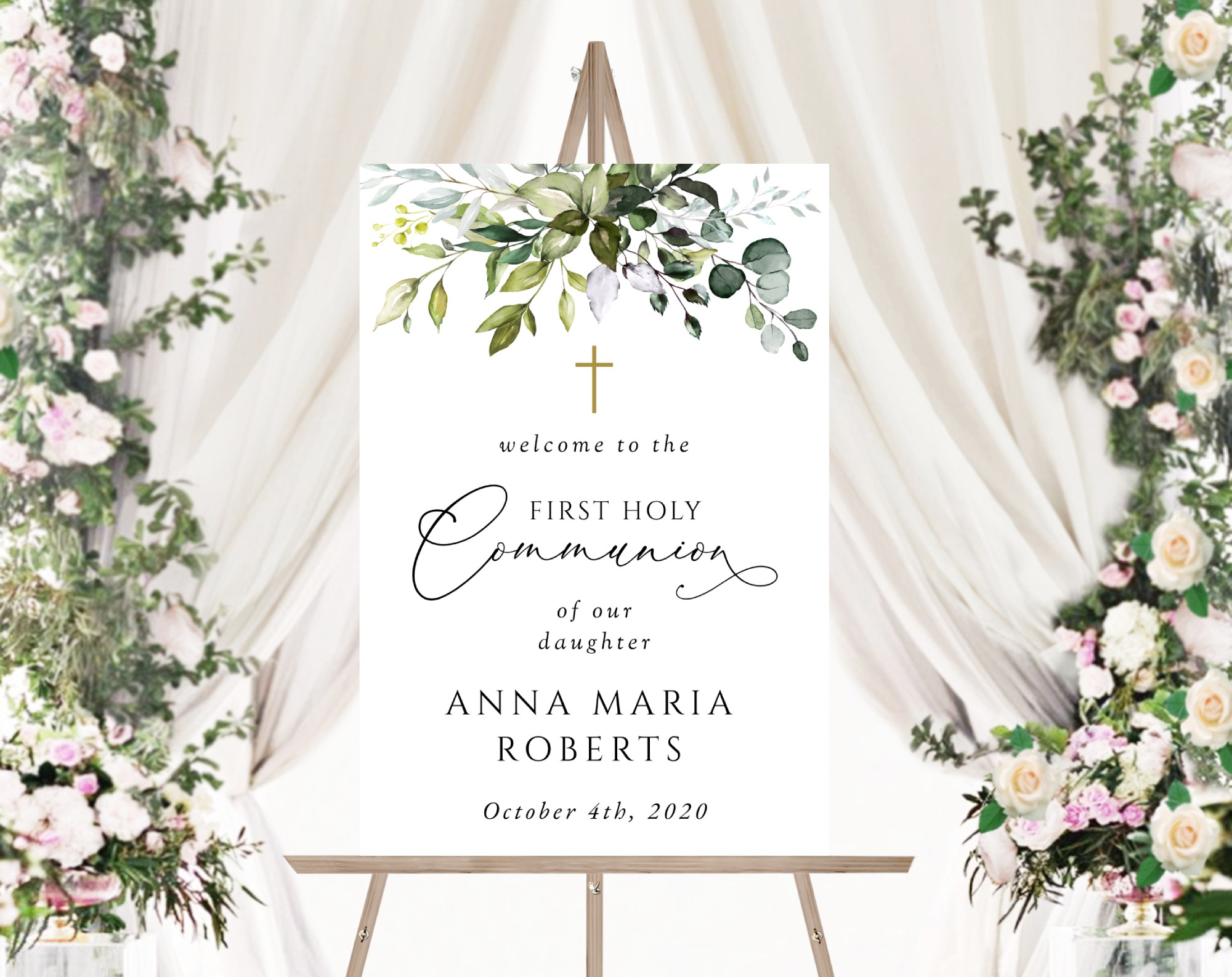 Eucalyptus Leaves Welcome Sign, First Holy Communion Sign, Printable File, Edit Yourself, SH151