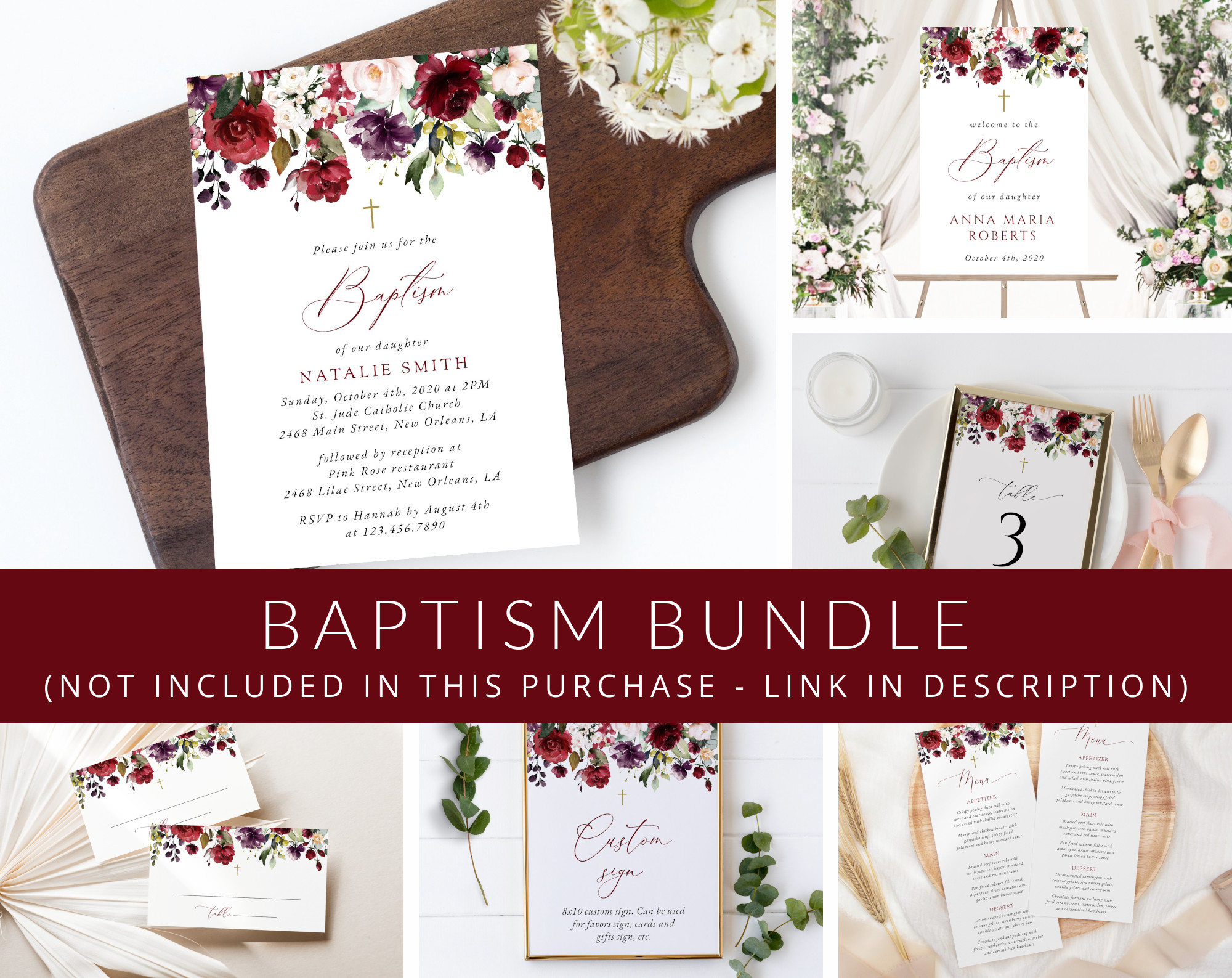 Burgundy, Purple and Blush Flowers Baptism Mini Bundle, Printable File, Edit Yourself, SH152 Burgundy, Purple and Blush Flowers Baptism Mini Bundle, Printable File, Edit Yourself, SH152