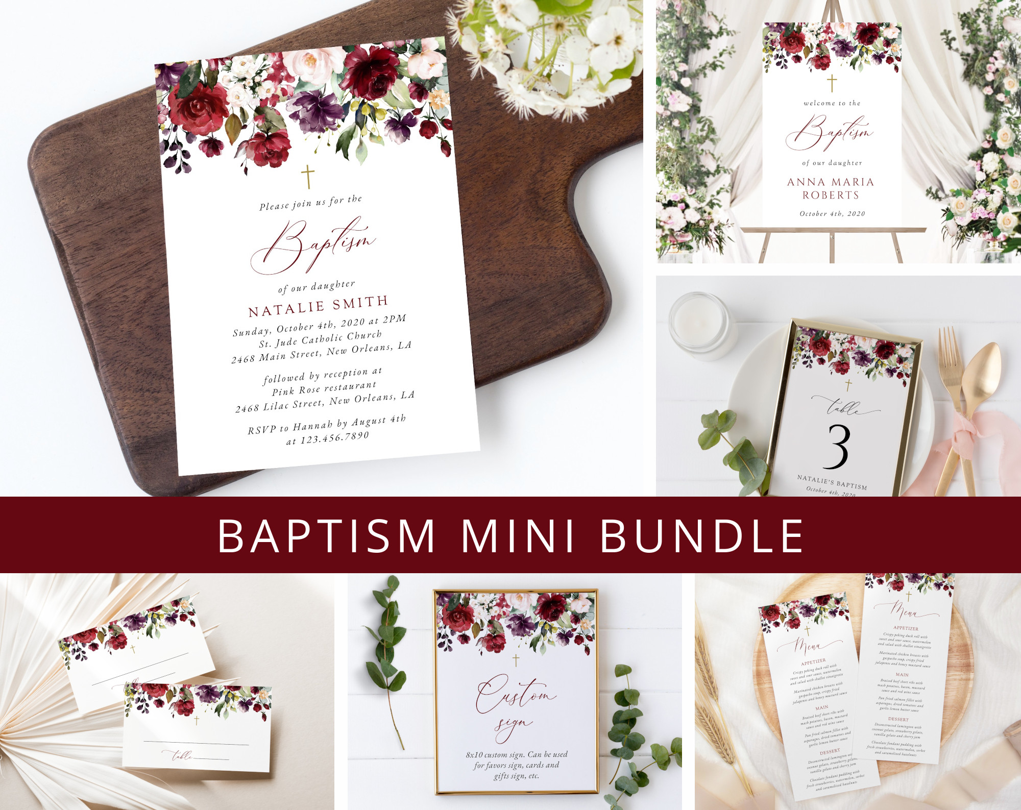 Burgundy, Purple and Blush Flowers Baptism Mini Bundle, Printable File, Edit Yourself, SH152