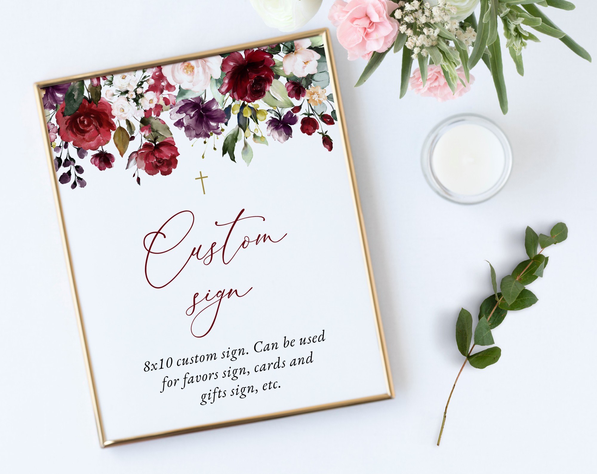 Burgundy, Purple and Blush Flowers Custom Sign, Baptism, First Holy Communion, Printable File, Edit Yourself, SH152 SH153