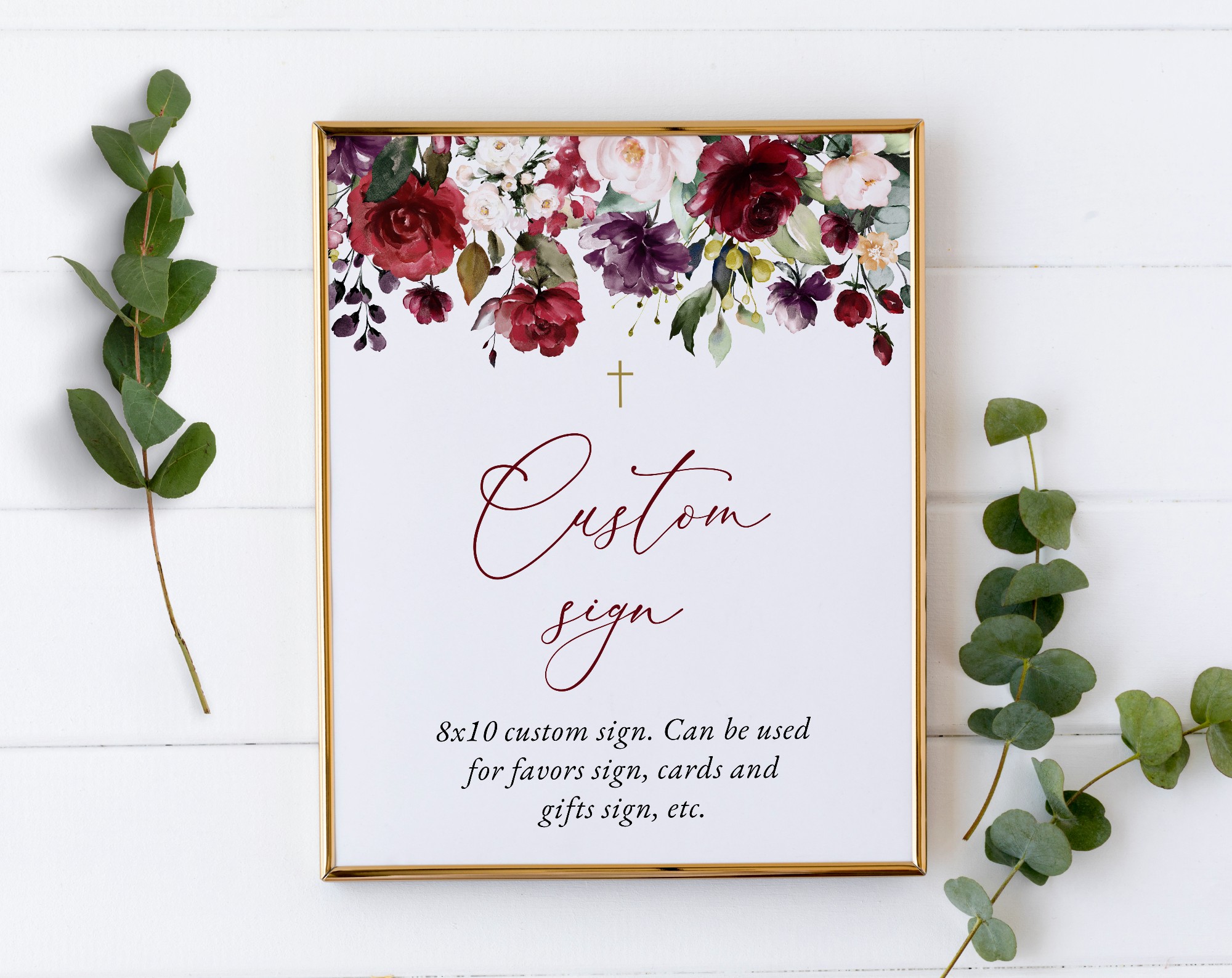 Burgundy, Purple and Blush Flowers Custom Sign, Baptism, First Holy Communion, Printable File, Edit Yourself, SH152 SH153
