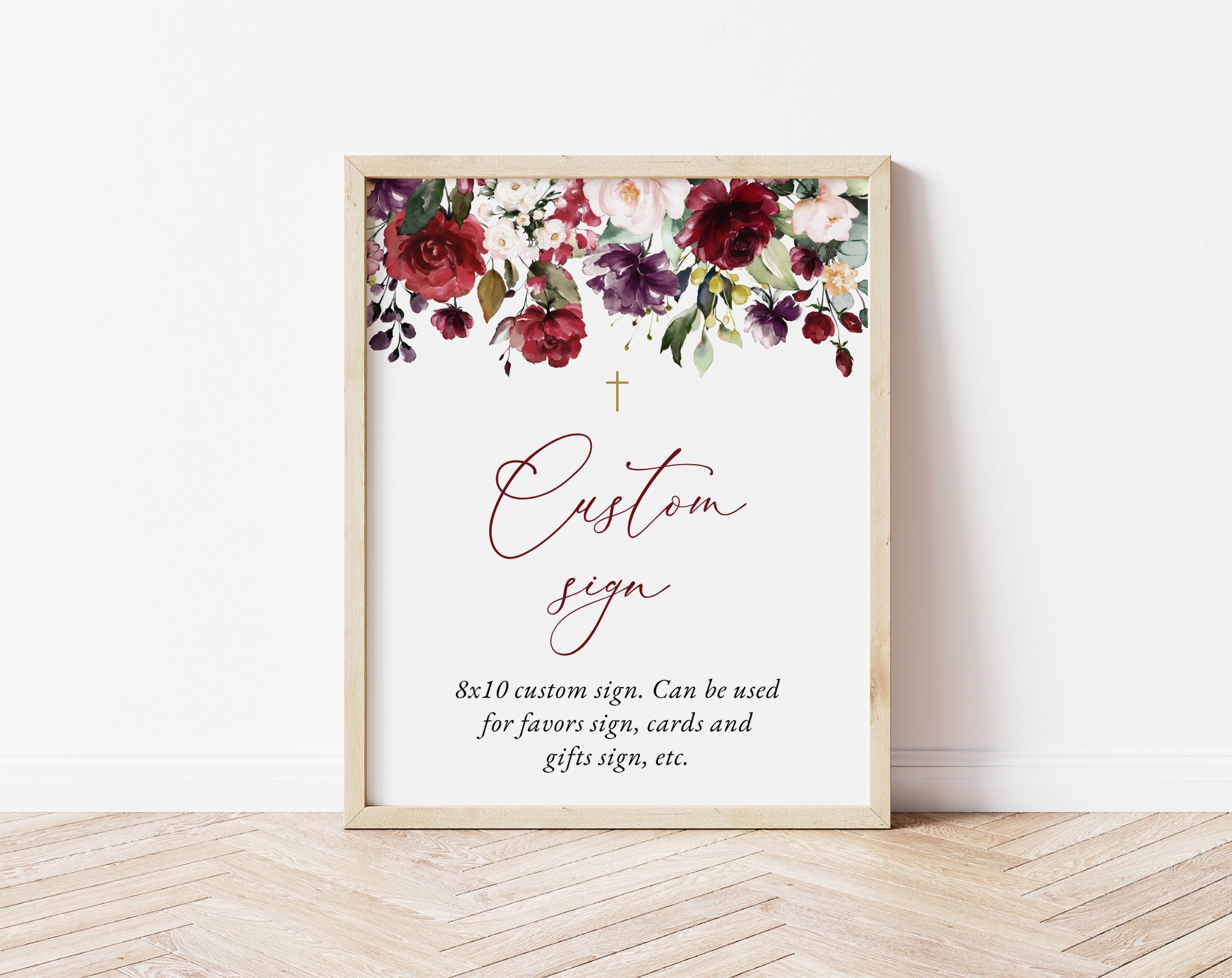 Burgundy, Purple and Blush Flowers Custom Sign, Baptism, First Holy Communion, Printable File, Edit Yourself, SH152 SH153