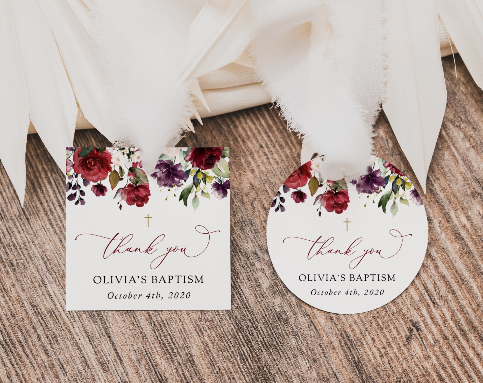 Burgundy, Purple and Blush Flowers Baptism Favor Tags, Gift Tags, Printable File, Edit Yourself, SH152