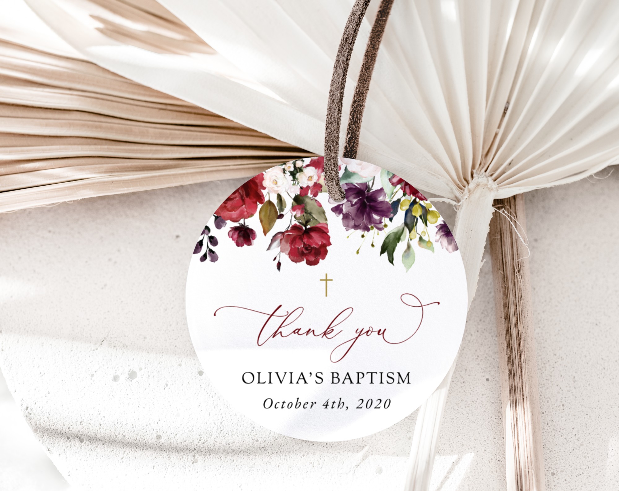 Burgundy, Purple and Blush Flowers Baptism Favor Tags, Gift Tags, Printable File, Edit Yourself, SH152