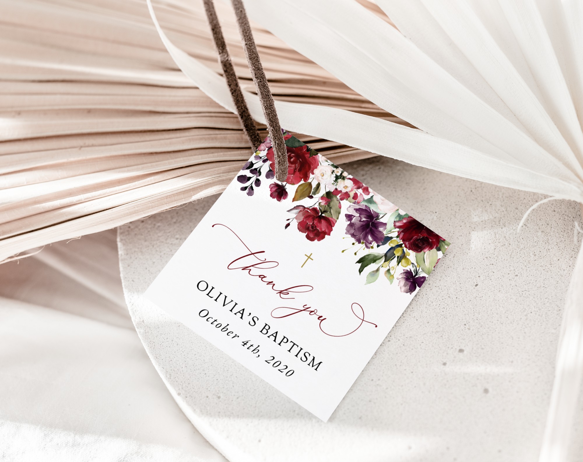 Burgundy, Purple and Blush Flowers Baptism Favor Tags, Gift Tags, Printable File, Edit Yourself, SH152