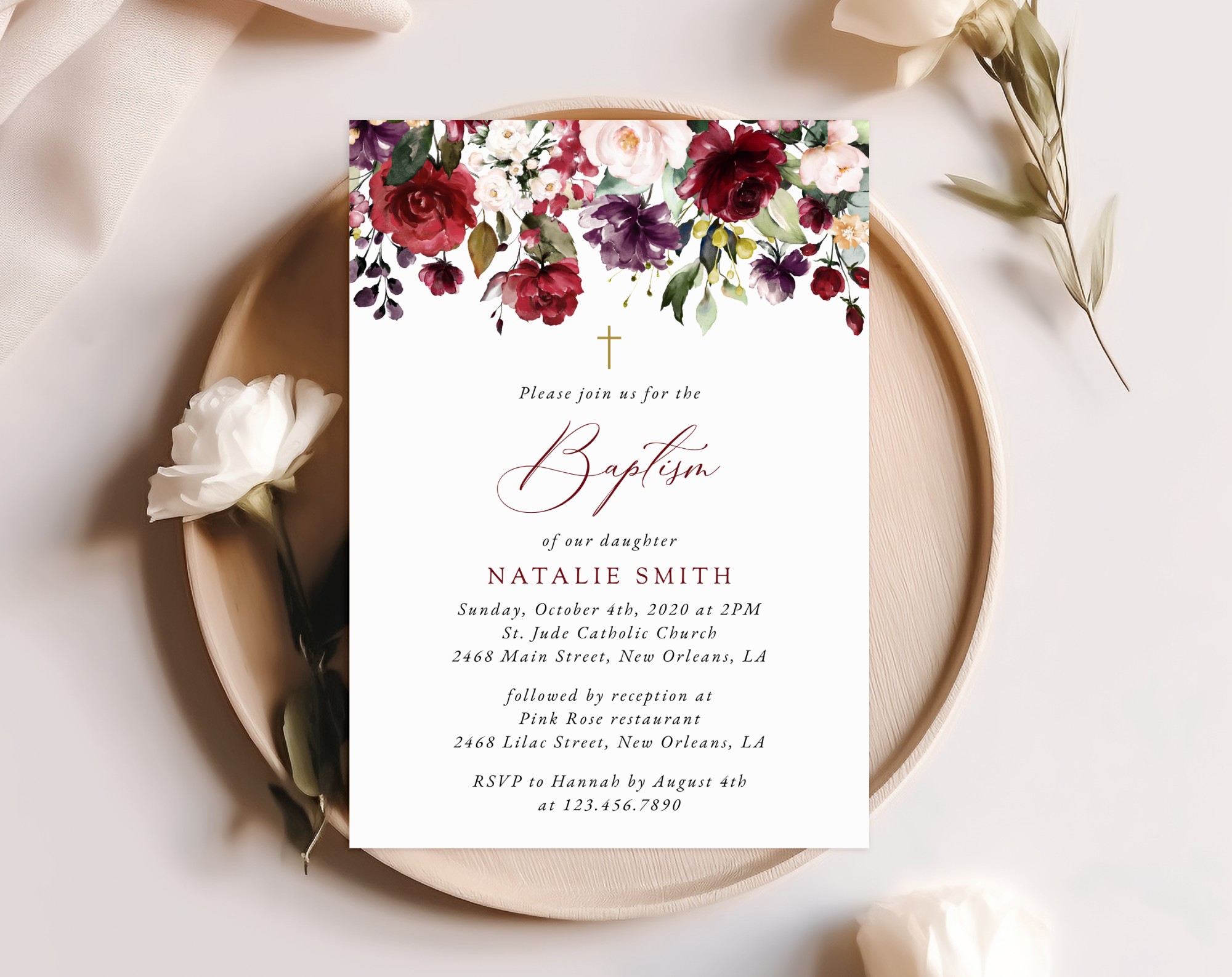 Burgundy, Purple and Blush Flowers Baptism Invitation, Baptism Stationery, Printable File, Edit Yourself, SH152