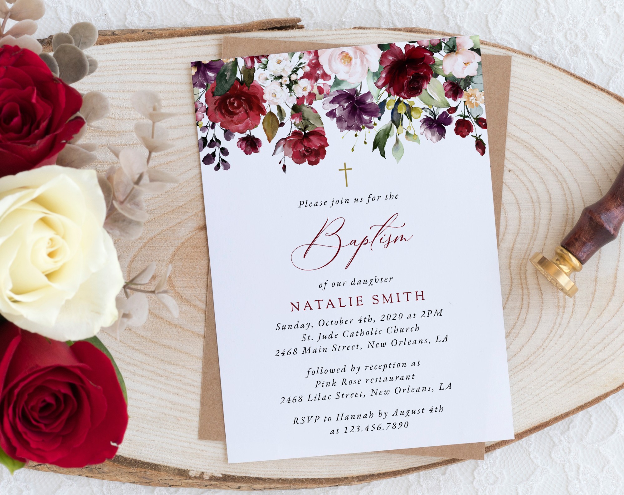 Burgundy, Purple and Blush Flowers Baptism Invitation, Baptism Stationery, Printable File, Edit Yourself, SH152