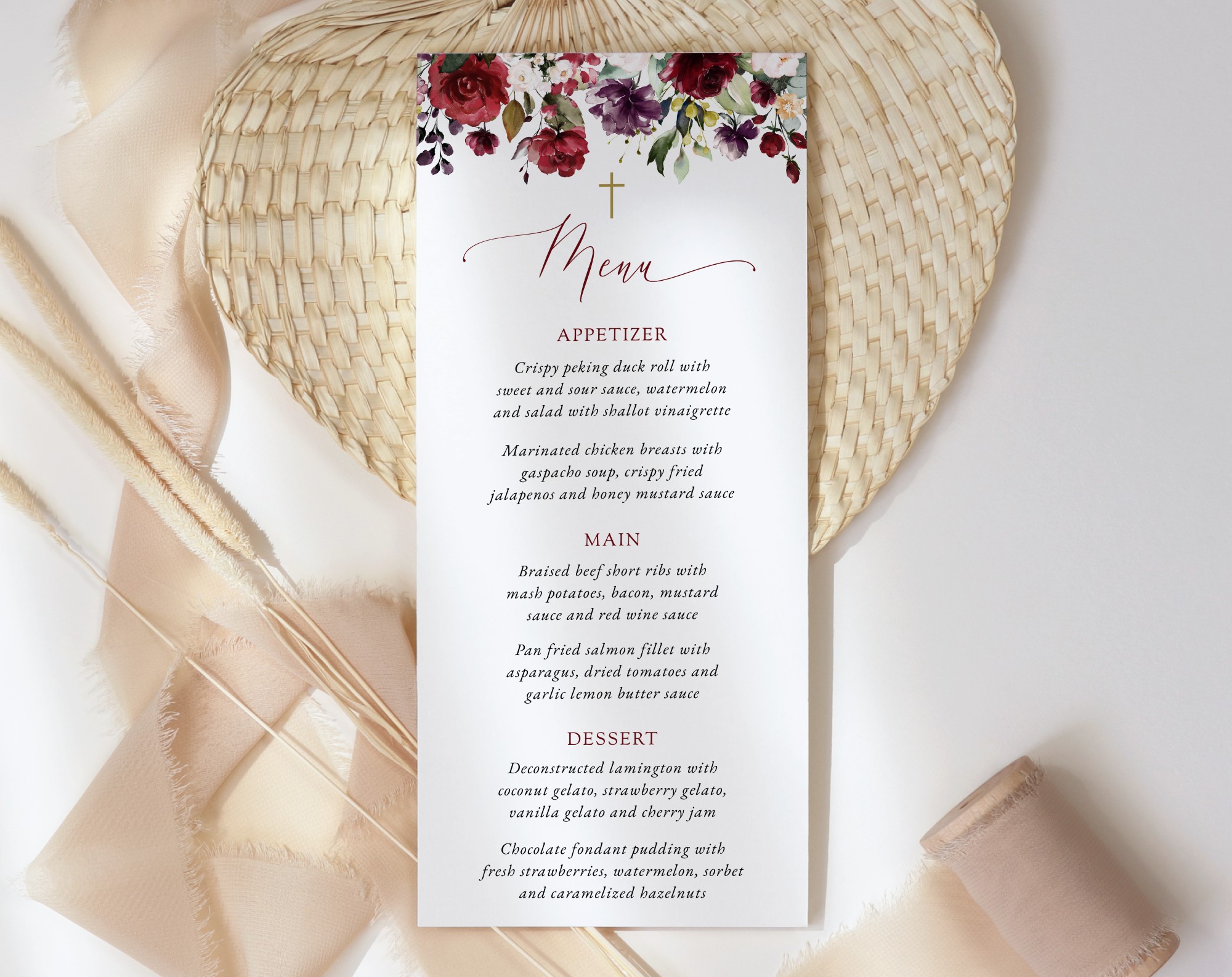 Burgundy, Purple and Blush Flowers Menu, Baptism, First Holy Communion, Printable File, Edit Yourself, SH152 SH153