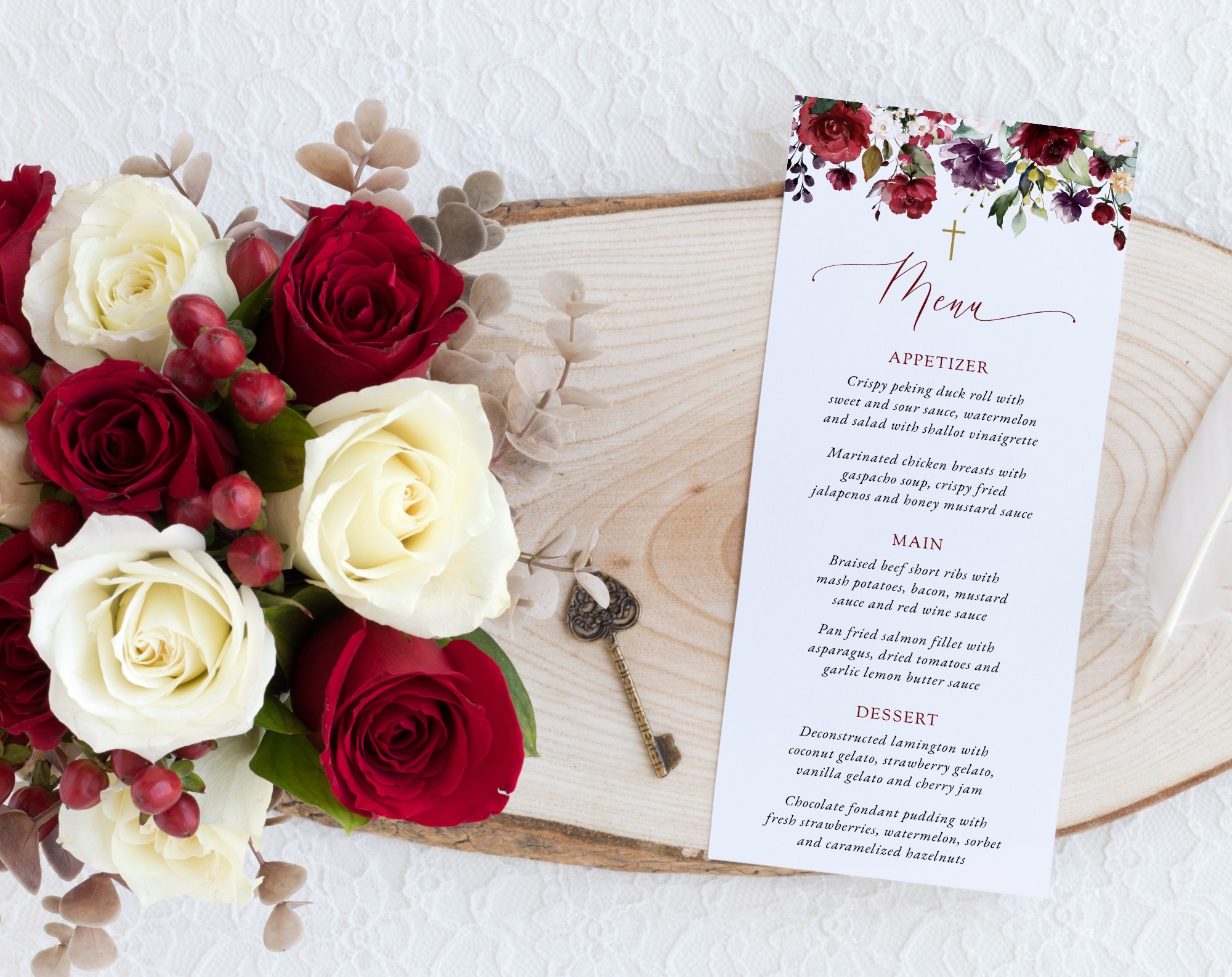 Burgundy, Purple and Blush Flowers Menu, Baptism, First Holy Communion, Printable File, Edit Yourself, SH152 SH153