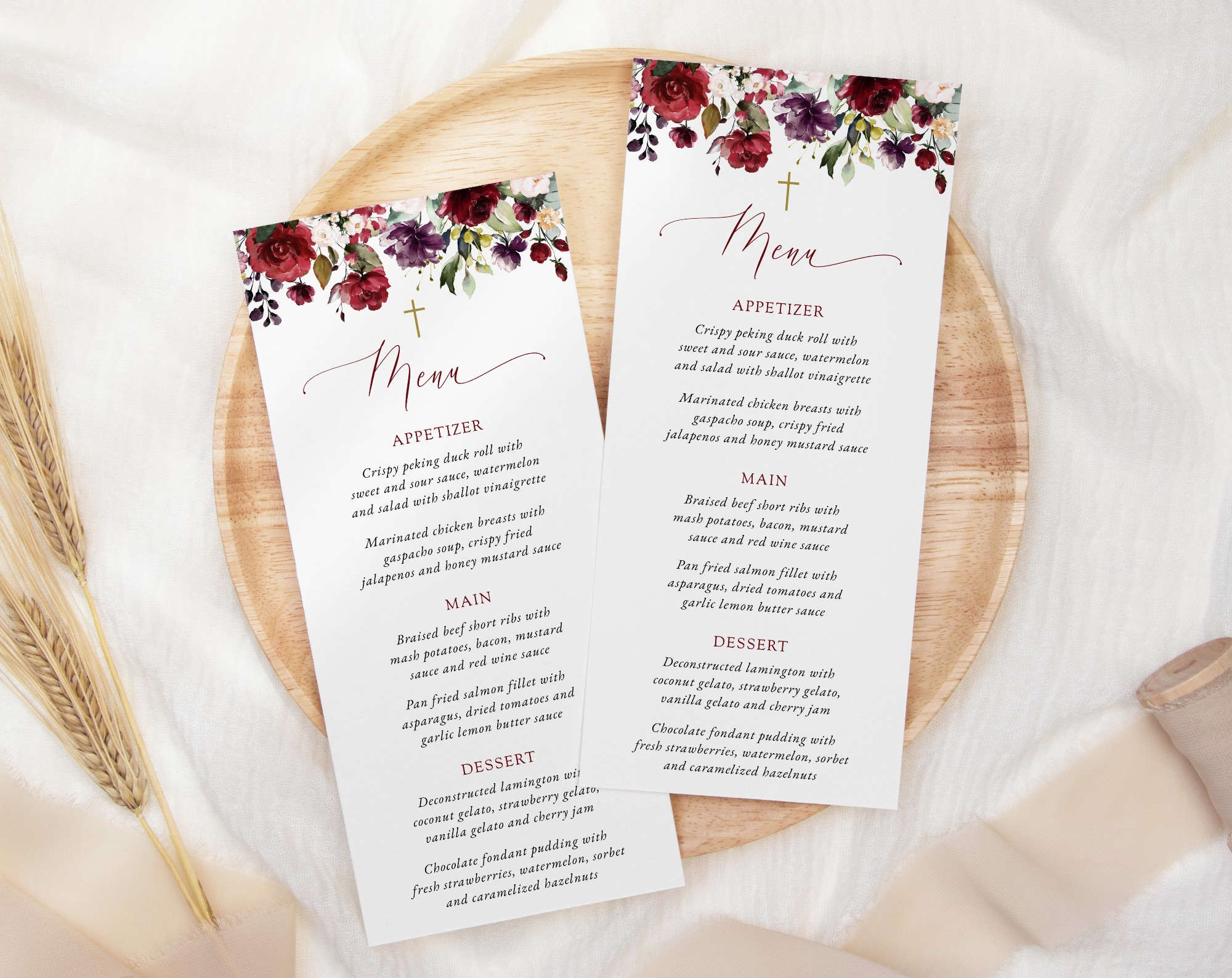 Burgundy, Purple and Blush Flowers Menu, Baptism, First Holy Communion, Printable File, Edit Yourself, SH152 SH153