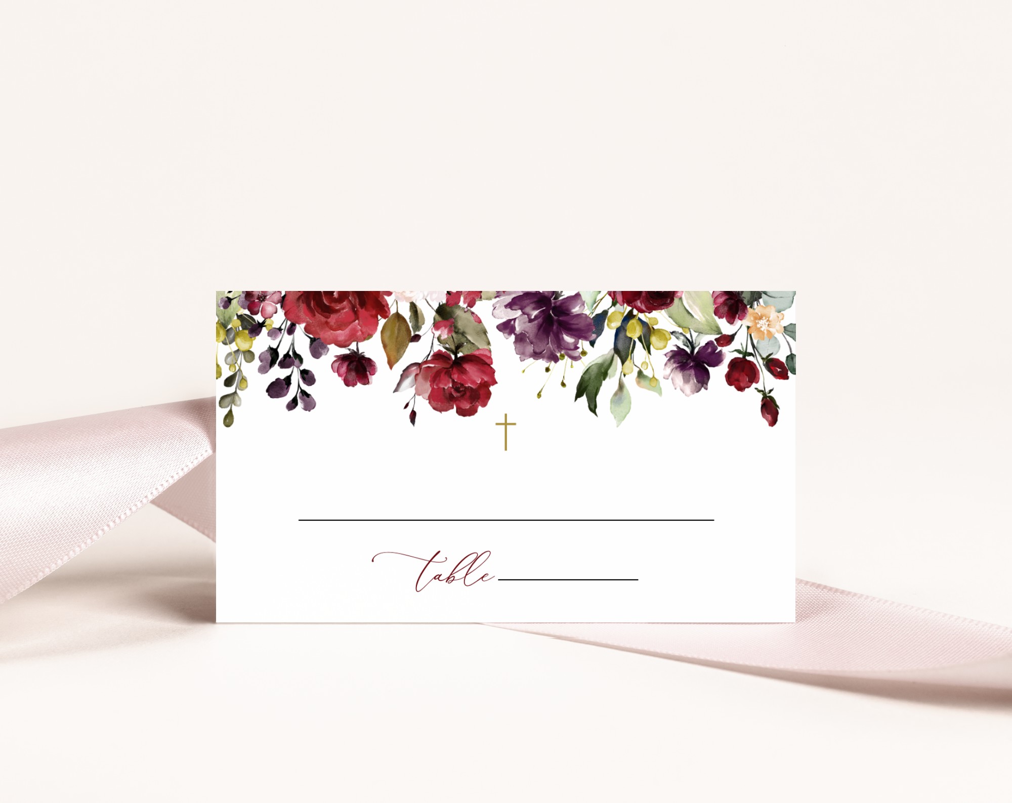 Burgundy, Purple and Blush Flowers Place Card, Baptism, First Holy Communion, Printable File, Edit Yourself, SH152 SH153