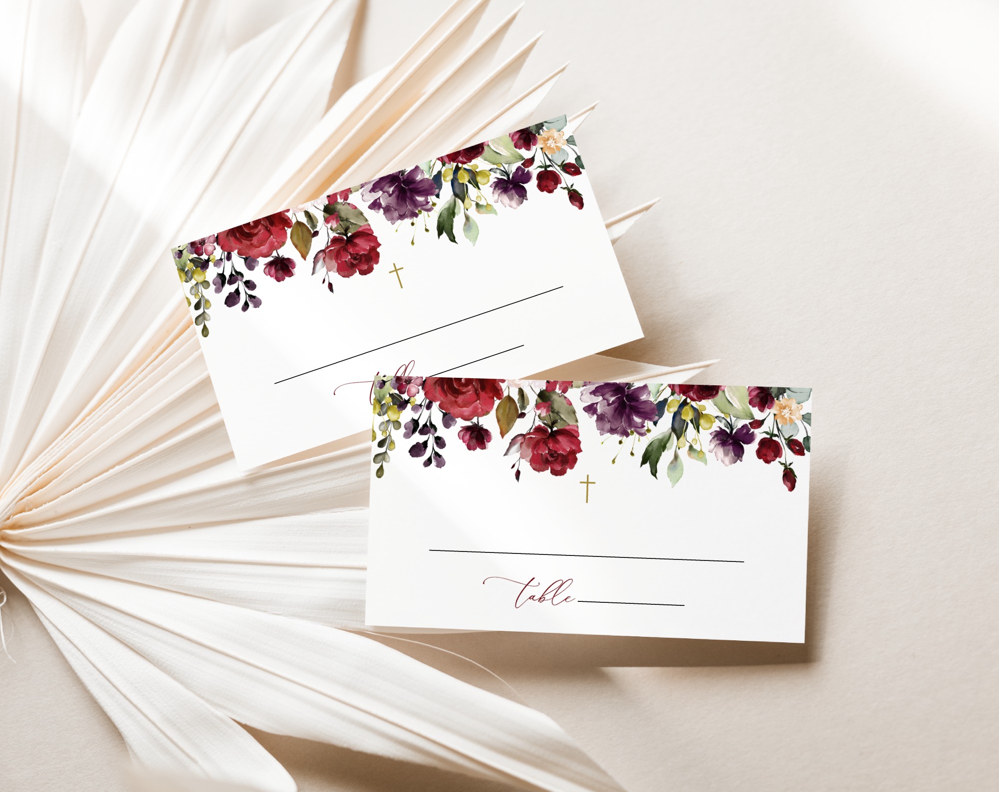 Burgundy, Purple and Blush Flowers Place Card, Baptism, First Holy Communion, Printable File, Edit Yourself, SH152 SH153