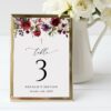 Burgundy, Purple and Blush Flowers Table Number Sign, Baptism Sign, Printable File, Edit Yourself, SH152