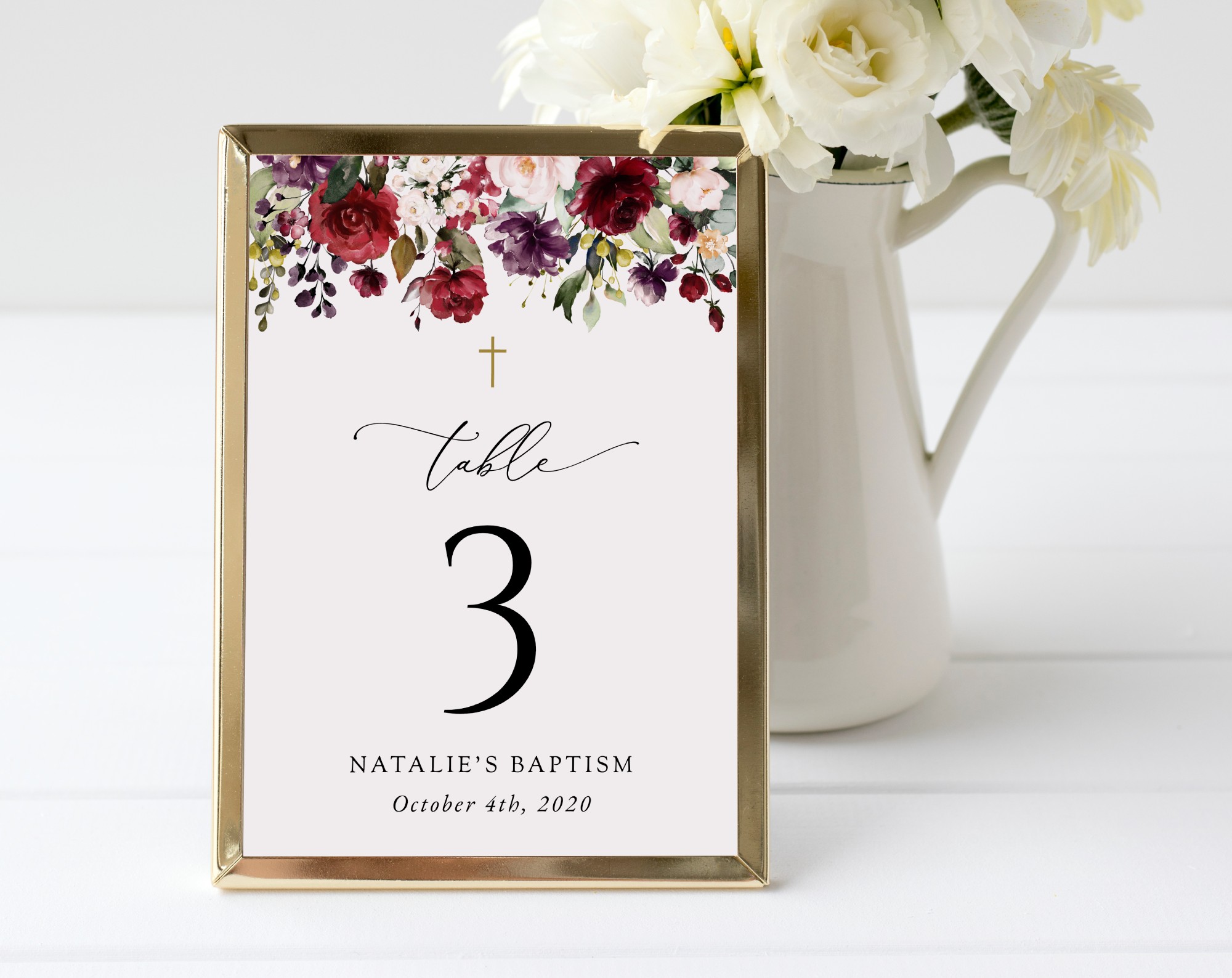 Burgundy, Purple and Blush Flowers Table Number Sign, Baptism Sign, Printable File, Edit Yourself, SH152