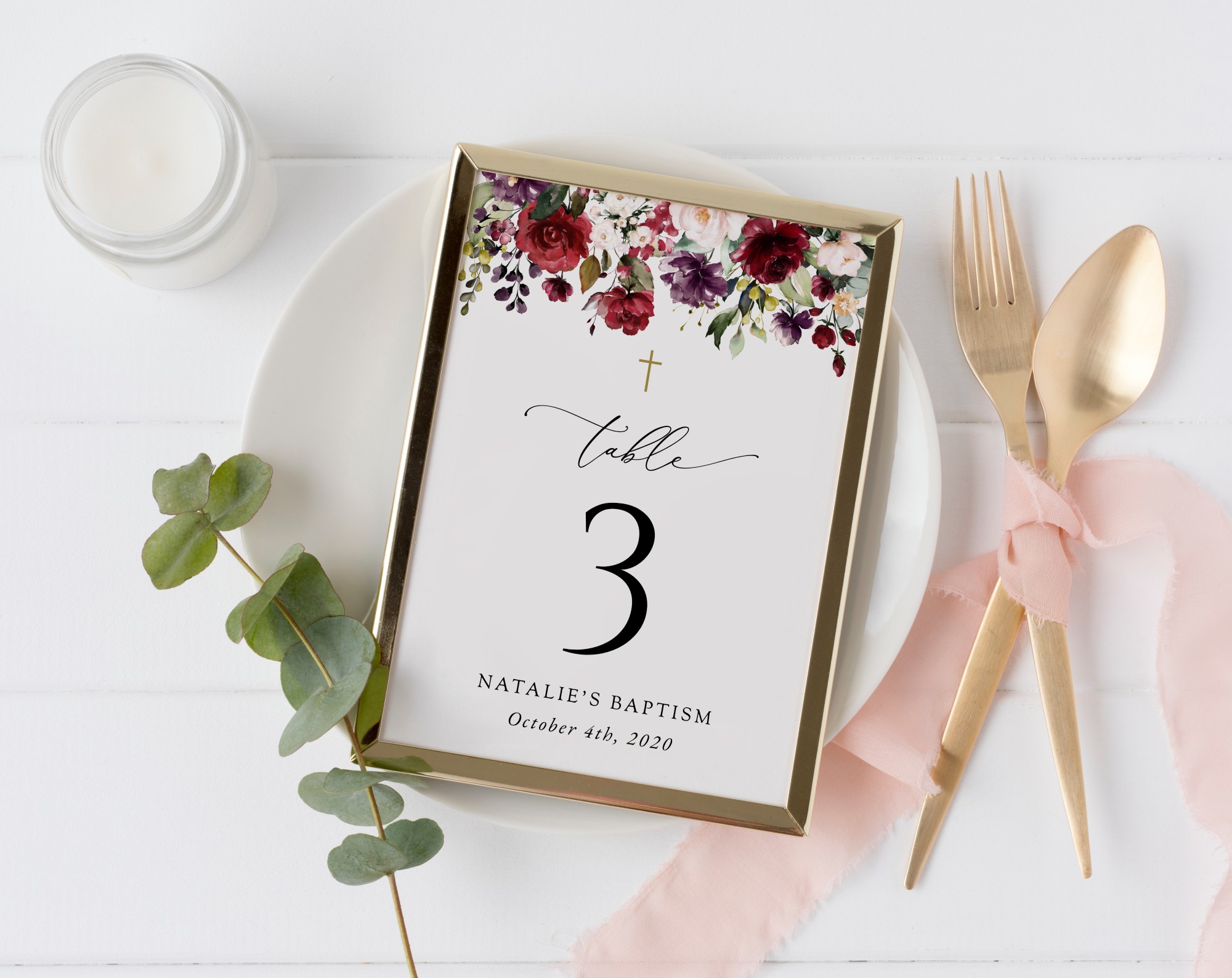 Burgundy, Purple and Blush Flowers Table Number Sign, Baptism Sign, Printable File, Edit Yourself, SH152