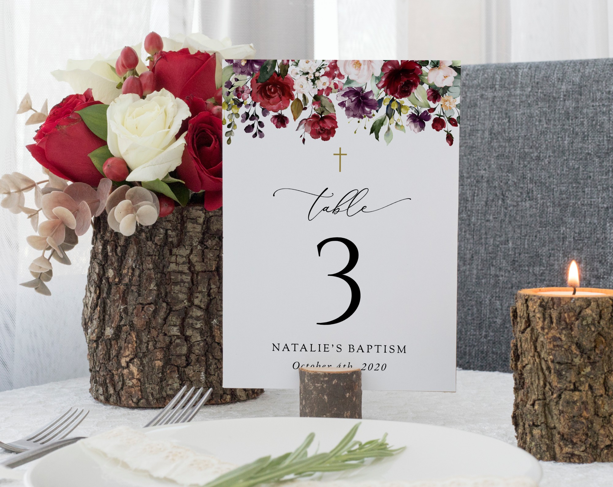 Burgundy, Purple and Blush Flowers Table Number Sign, Baptism Sign, Printable File, Edit Yourself, SH152