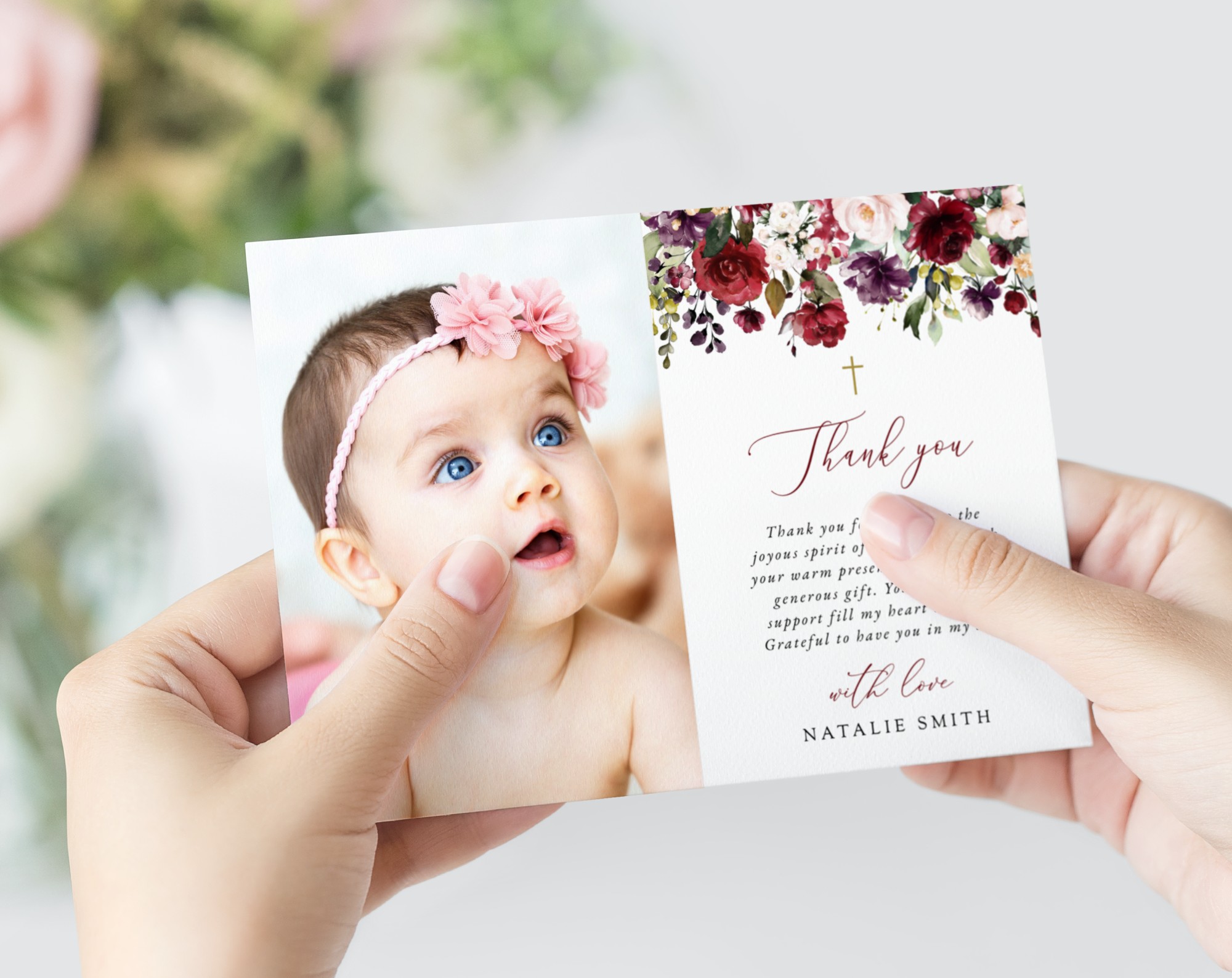 Burgundy, Purple and Blush Flowers Baptism Thank You Card, Baptism Stationery, Printable File, Edit Yourself, SH152 Burgundy, Purple and Blush Flowers Baptism Thank You Card, Baptism Stationery, Printable File, Edit Yourself, SH152