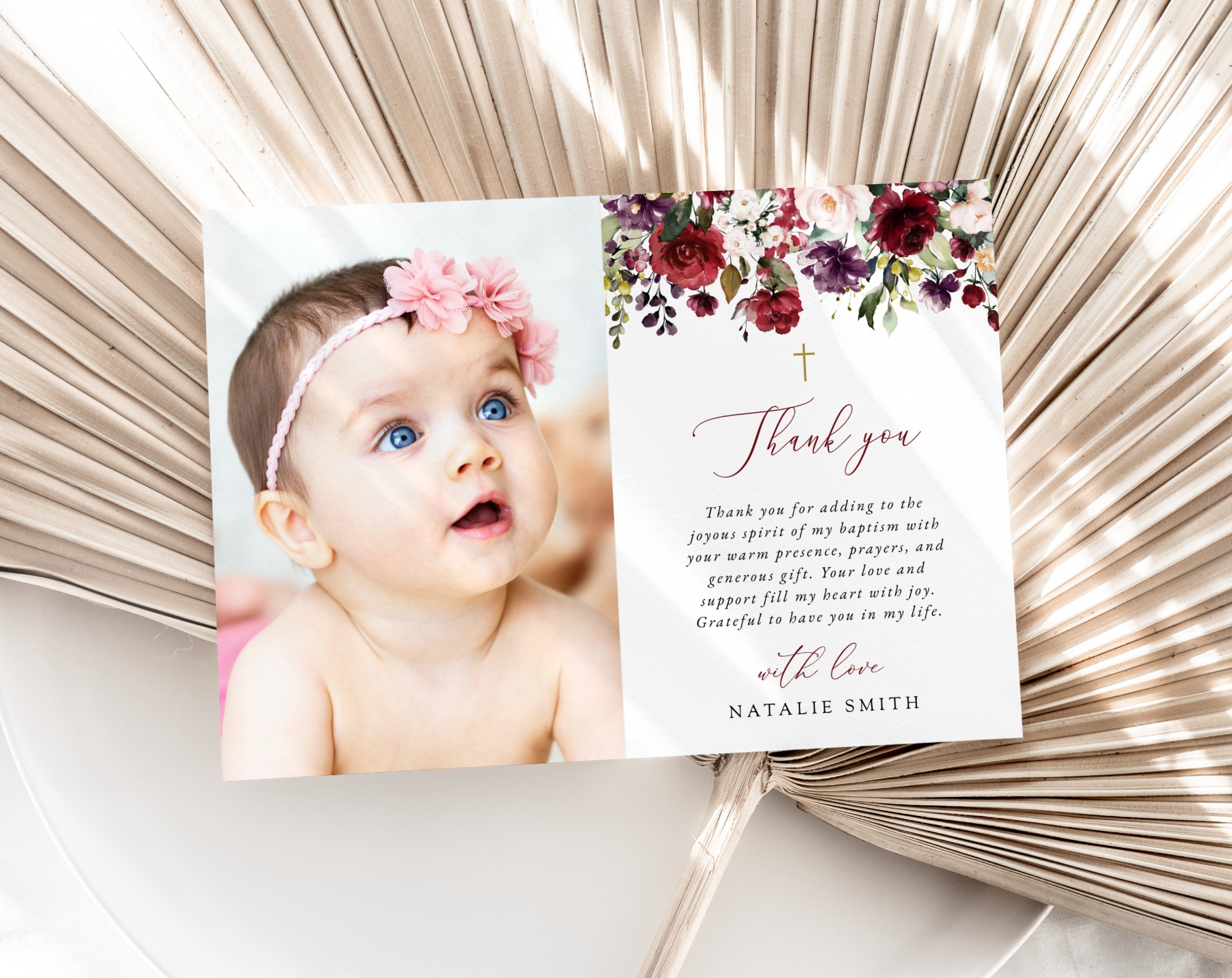 Burgundy, Purple and Blush Flowers Baptism Thank You Card, Baptism Stationery, Printable File, Edit Yourself, SH152