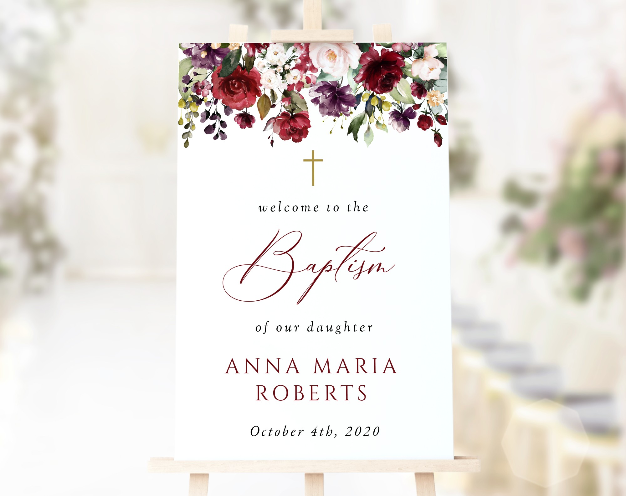 Burgundy, Purple and Blush Flowers Welcome Sign, Baptism Sign, Printable File, Edit Yourself, SH152
