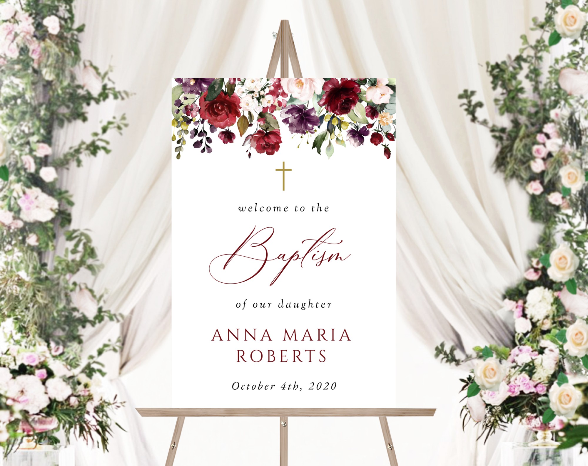 Burgundy, Purple and Blush Flowers Welcome Sign, Baptism Sign, Printable File, Edit Yourself, SH152