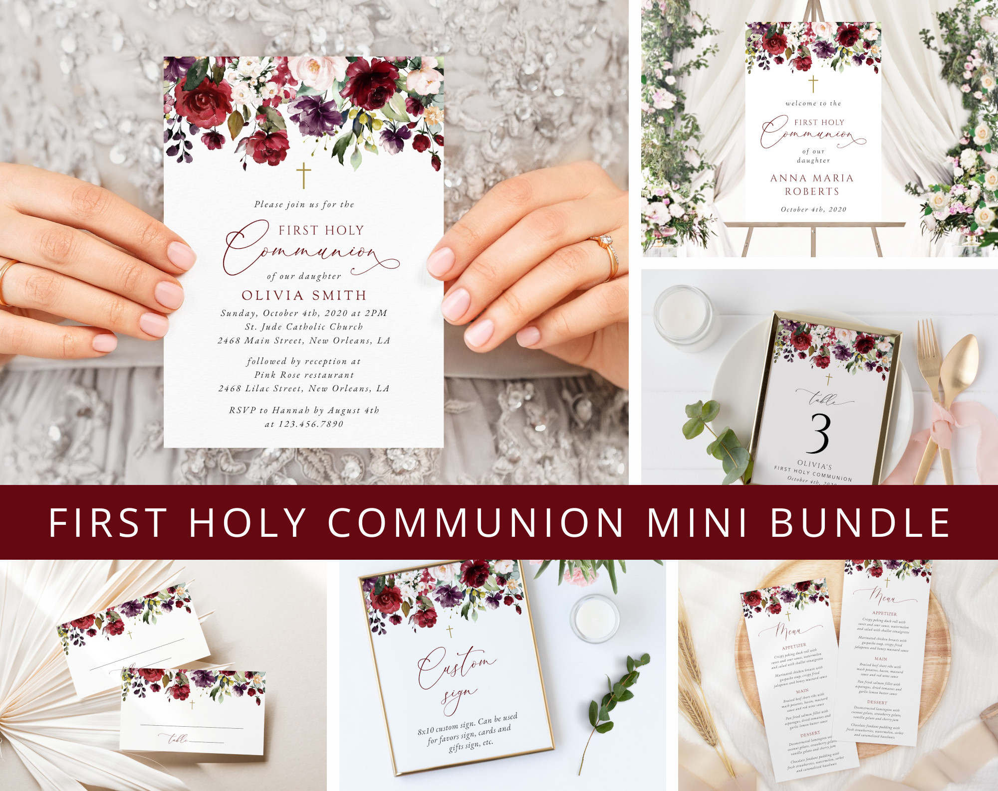 Burgundy, Purple and Blush Flowers First Holy Communion Mini Bundle, Printable File, Edit Yourself, SH153