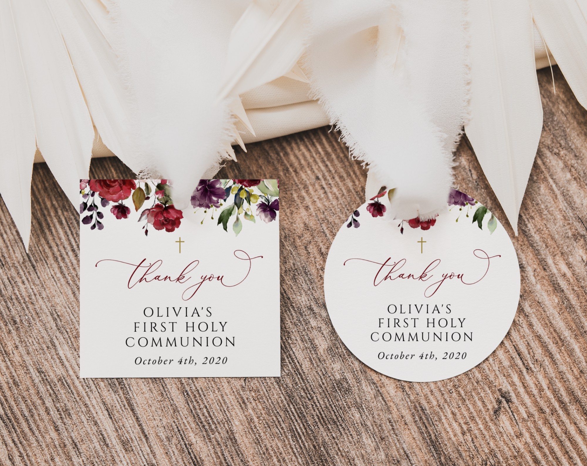 Burgundy, Purple and Blush Flowers First Holy Communion Favor Tags, Printable File, Edit Yourself, SH153