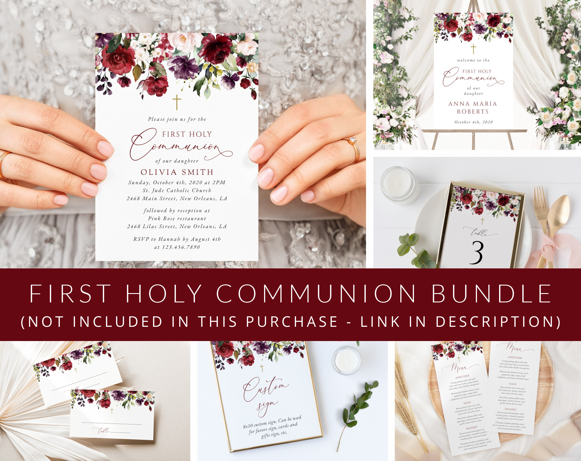 Burgundy, Purple and Blush Flowers First Holy Communion Mini Bundle, Printable File, Edit Yourself, SH153