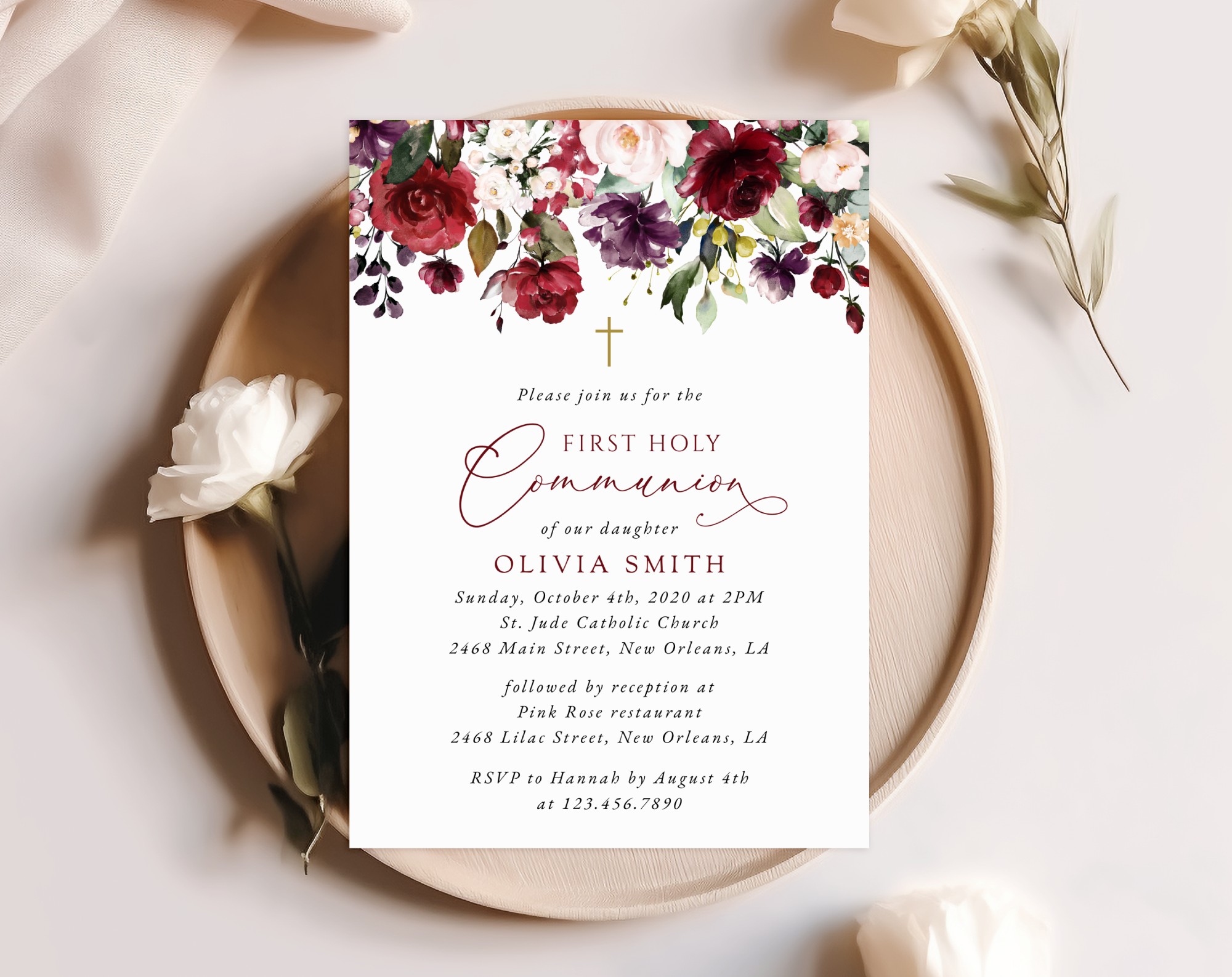 Burgundy, Purple and Blush Flowers First Holy Communion Invitation, Printable File, Edit Yourself, SH153