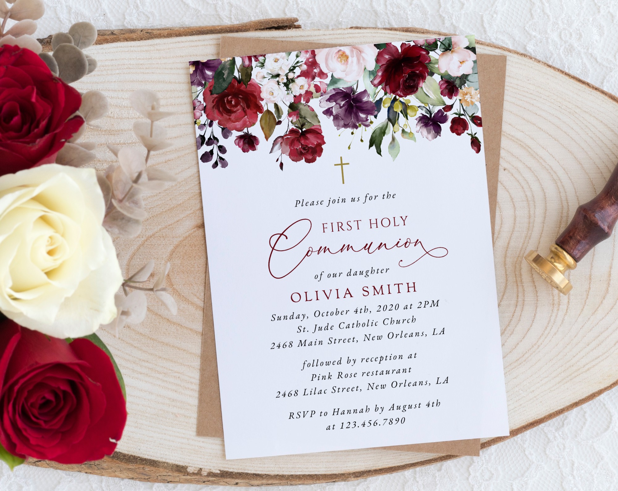 Burgundy, Purple and Blush Flowers First Holy Communion Invitation, Printable File, Edit Yourself, SH153