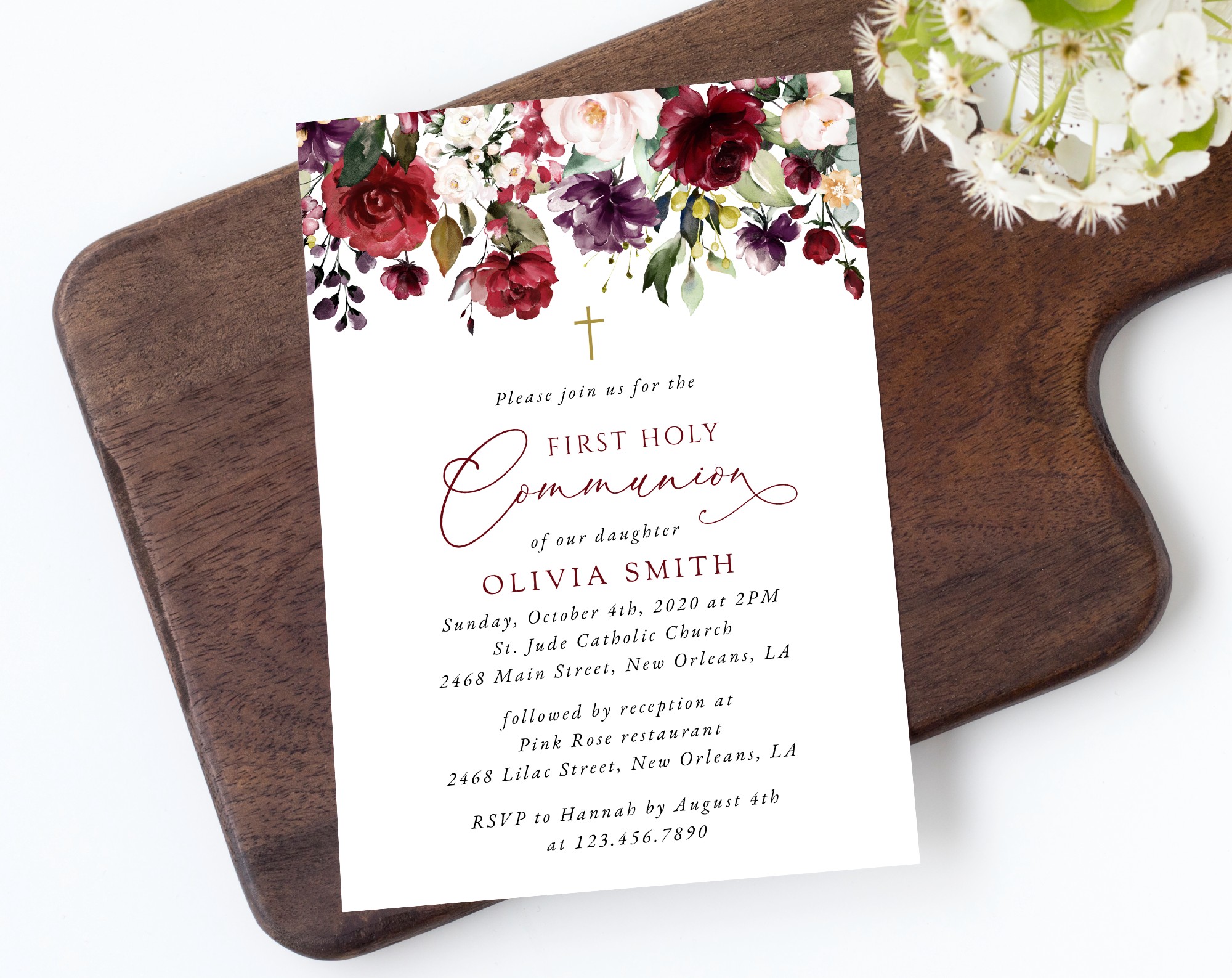 Burgundy, Purple and Blush Flowers First Holy Communion Invitation, Printable File, Edit Yourself, SH153