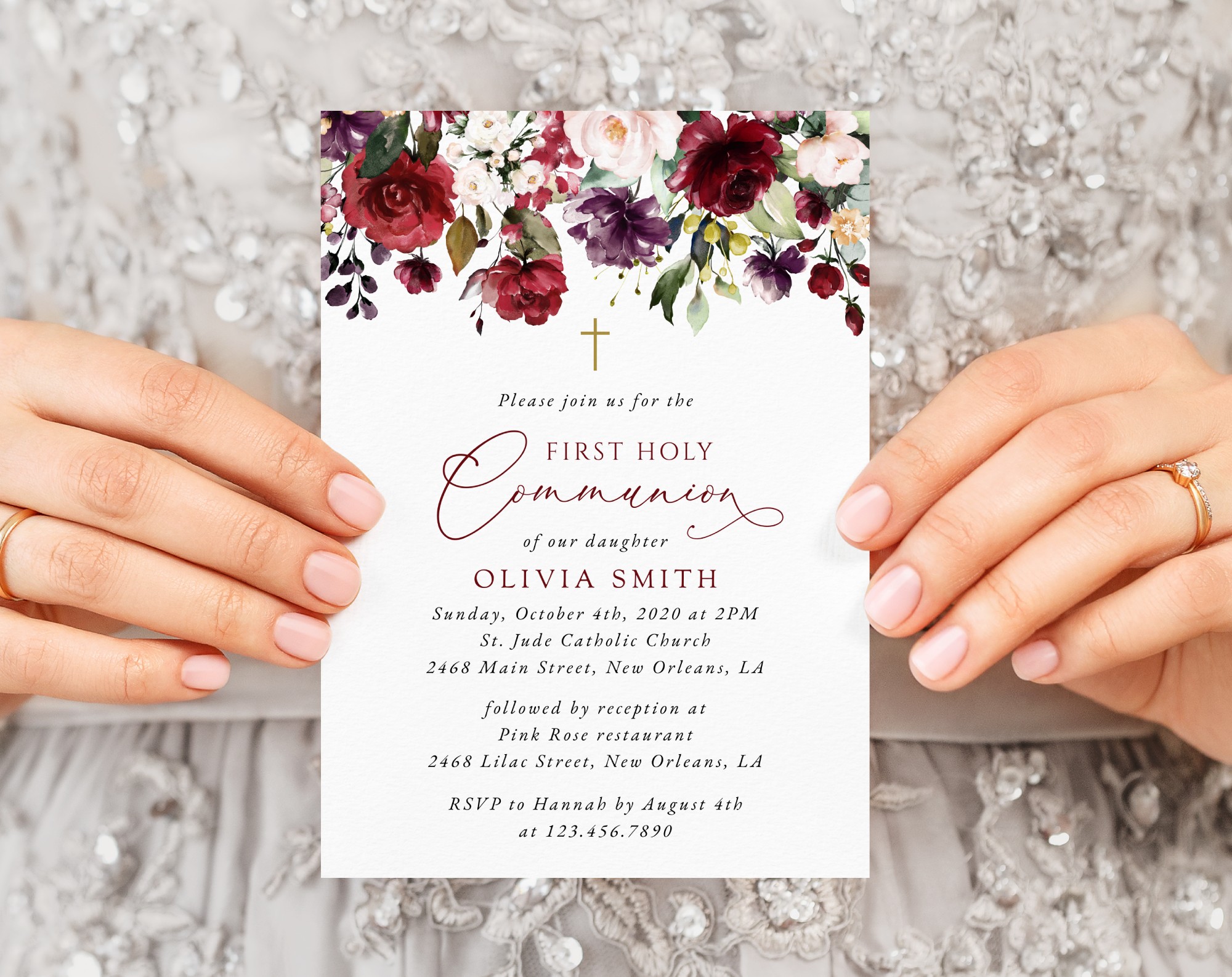 Burgundy, Purple and Blush Flowers First Holy Communion Invitation, Printable File, Edit Yourself, SH153