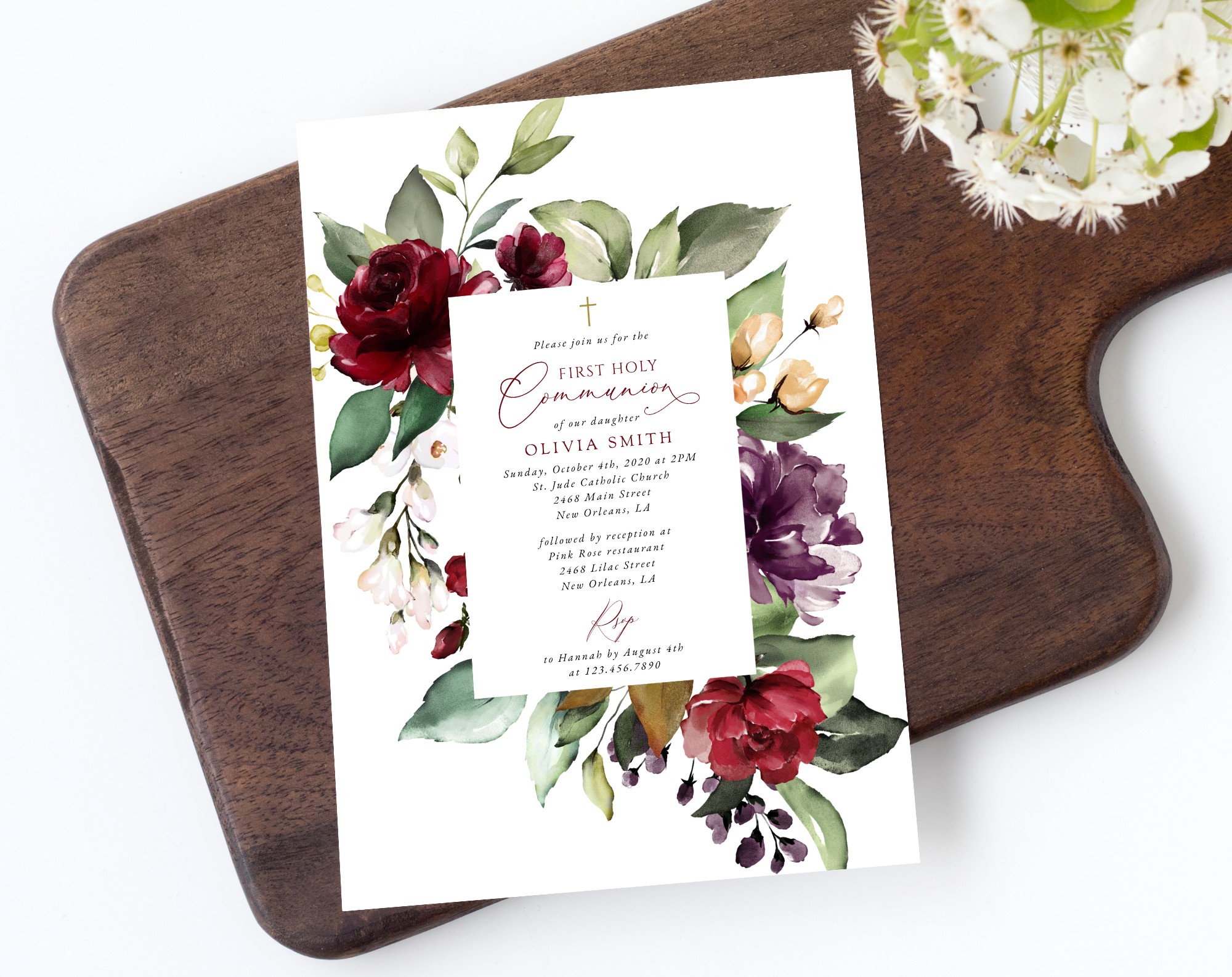 Burgundy, Purple and Blush Flowers First Holy Communion Invite, Printable File, Edit Yourself, SH153