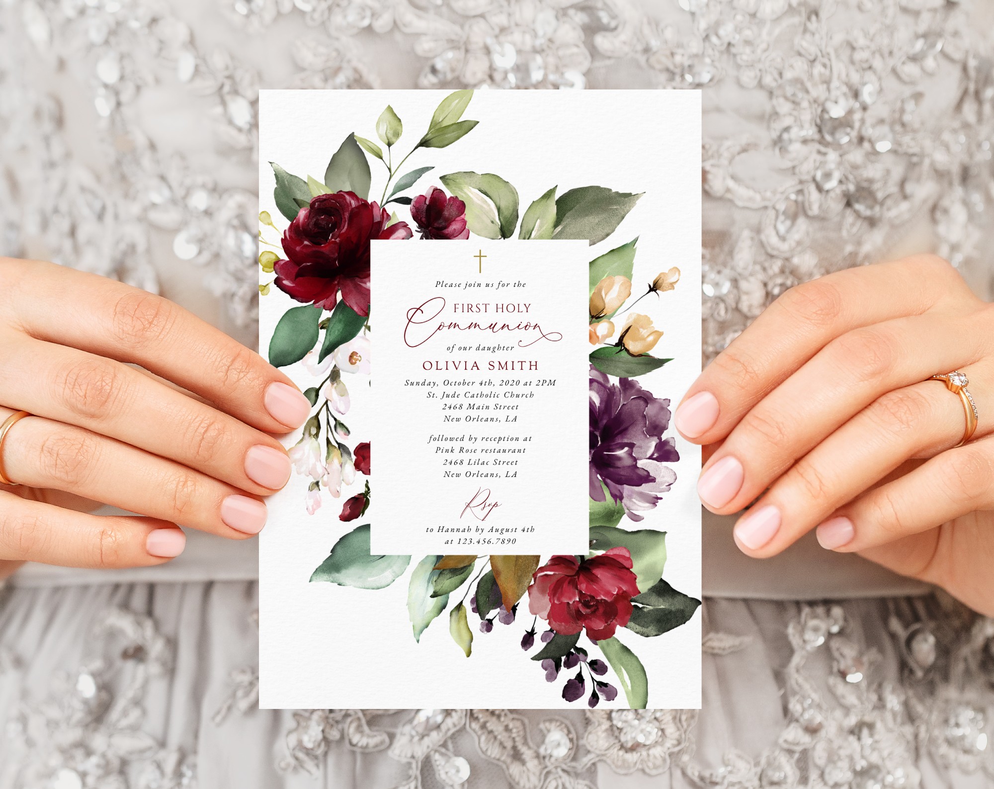 Burgundy, Purple and Blush Flowers First Holy Communion Invite, Printable File, Edit Yourself, SH153