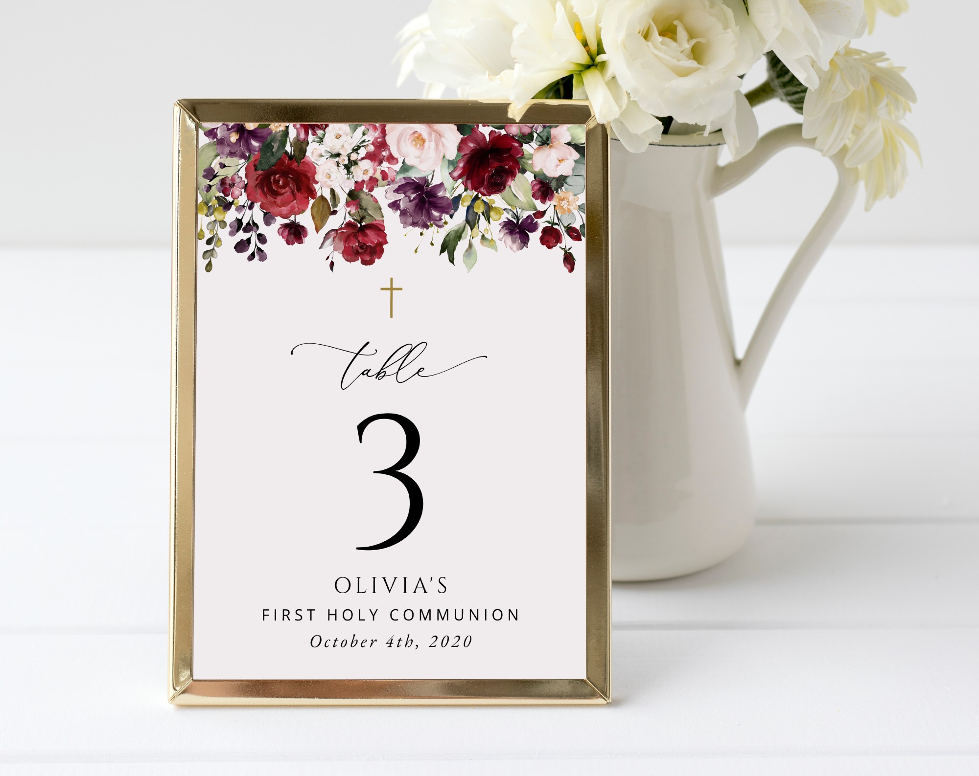 Burgundy, Purple and Blush Flowers Table Number Sign, First Holy Communion Sign, Printable File, Edit Yourself, SH153