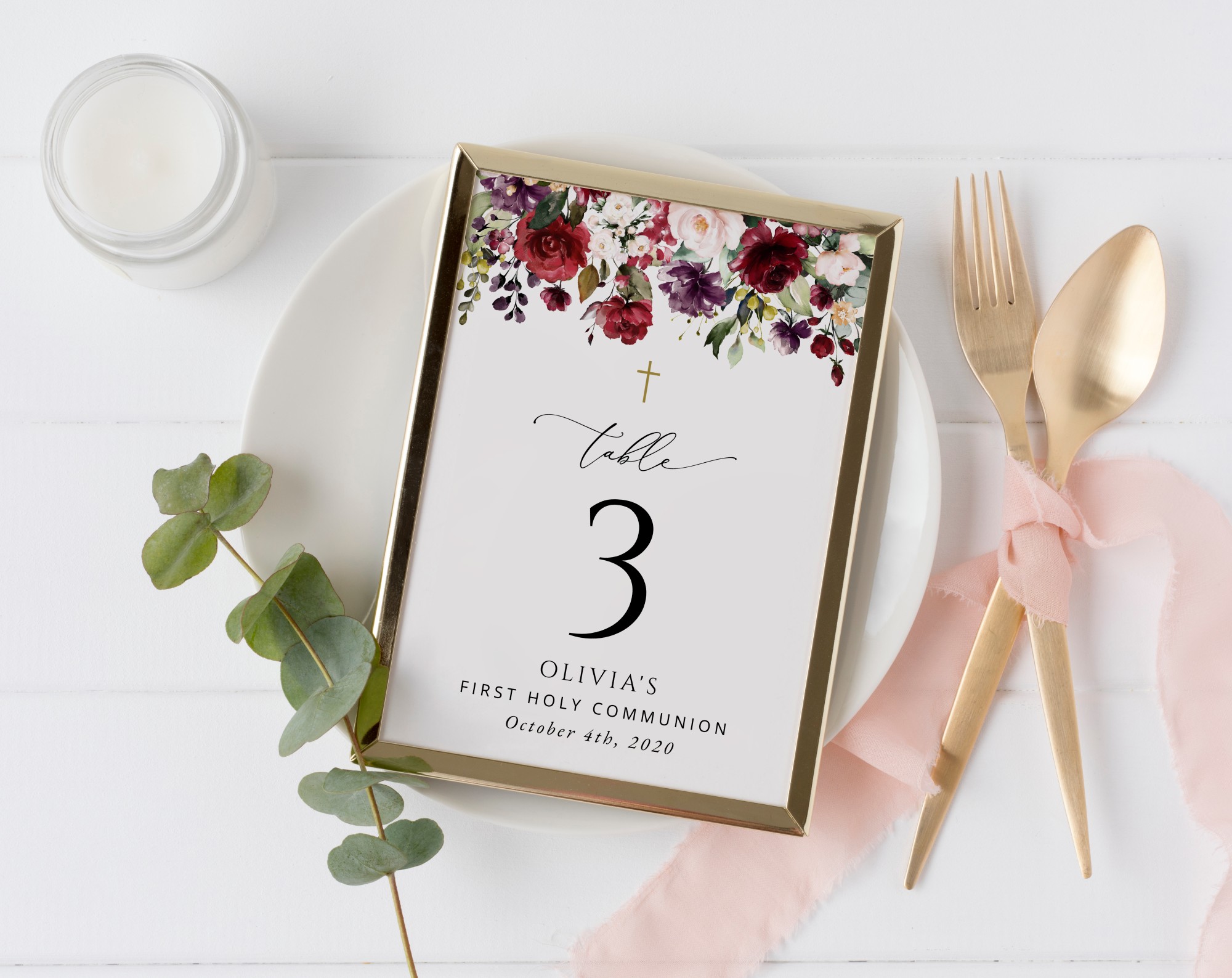 Burgundy, Purple and Blush Flowers Table Number Sign, First Holy Communion Sign, Printable File, Edit Yourself, SH153
