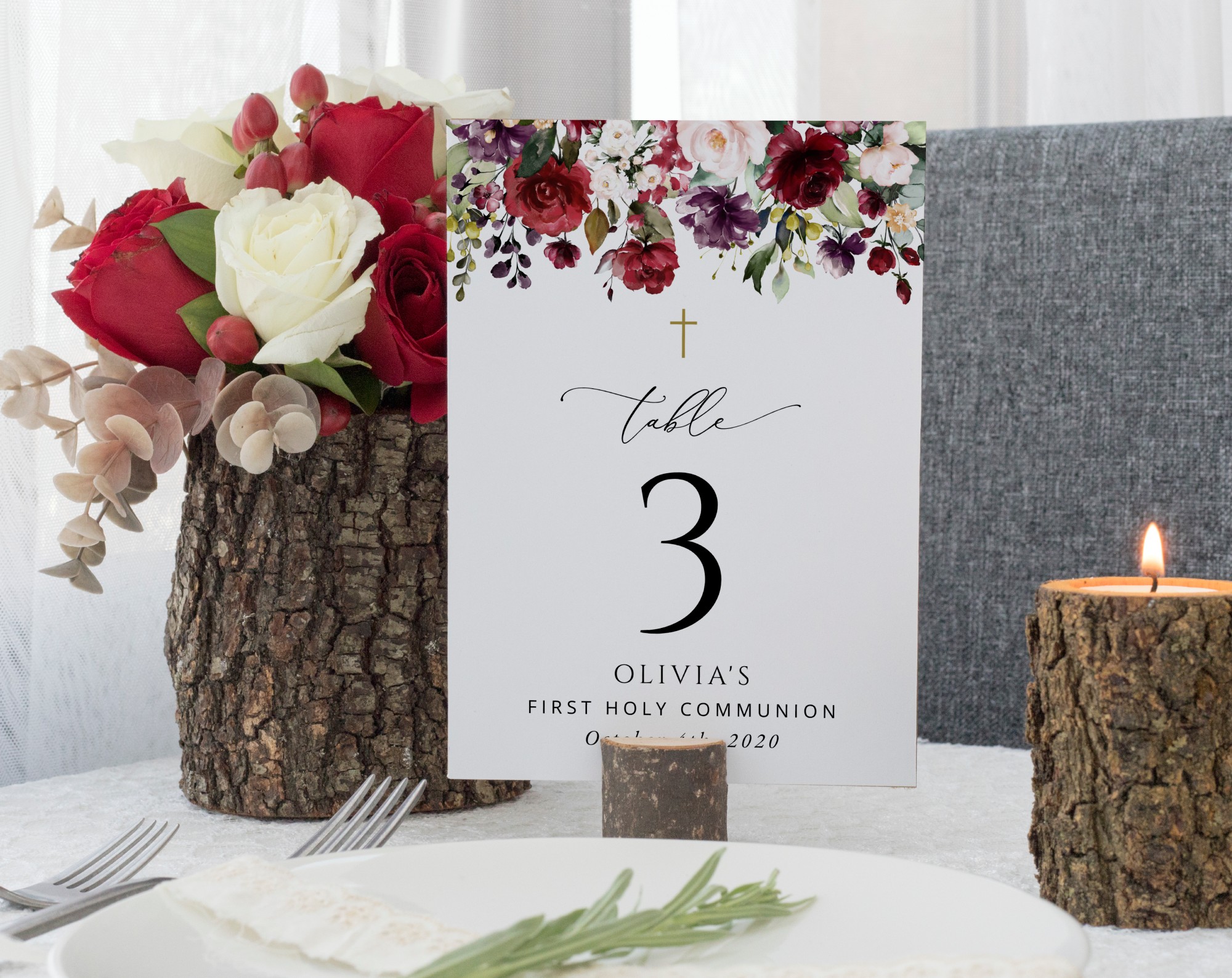 Burgundy, Purple and Blush Flowers Table Number Sign, First Holy Communion Sign, Printable File, Edit Yourself, SH153