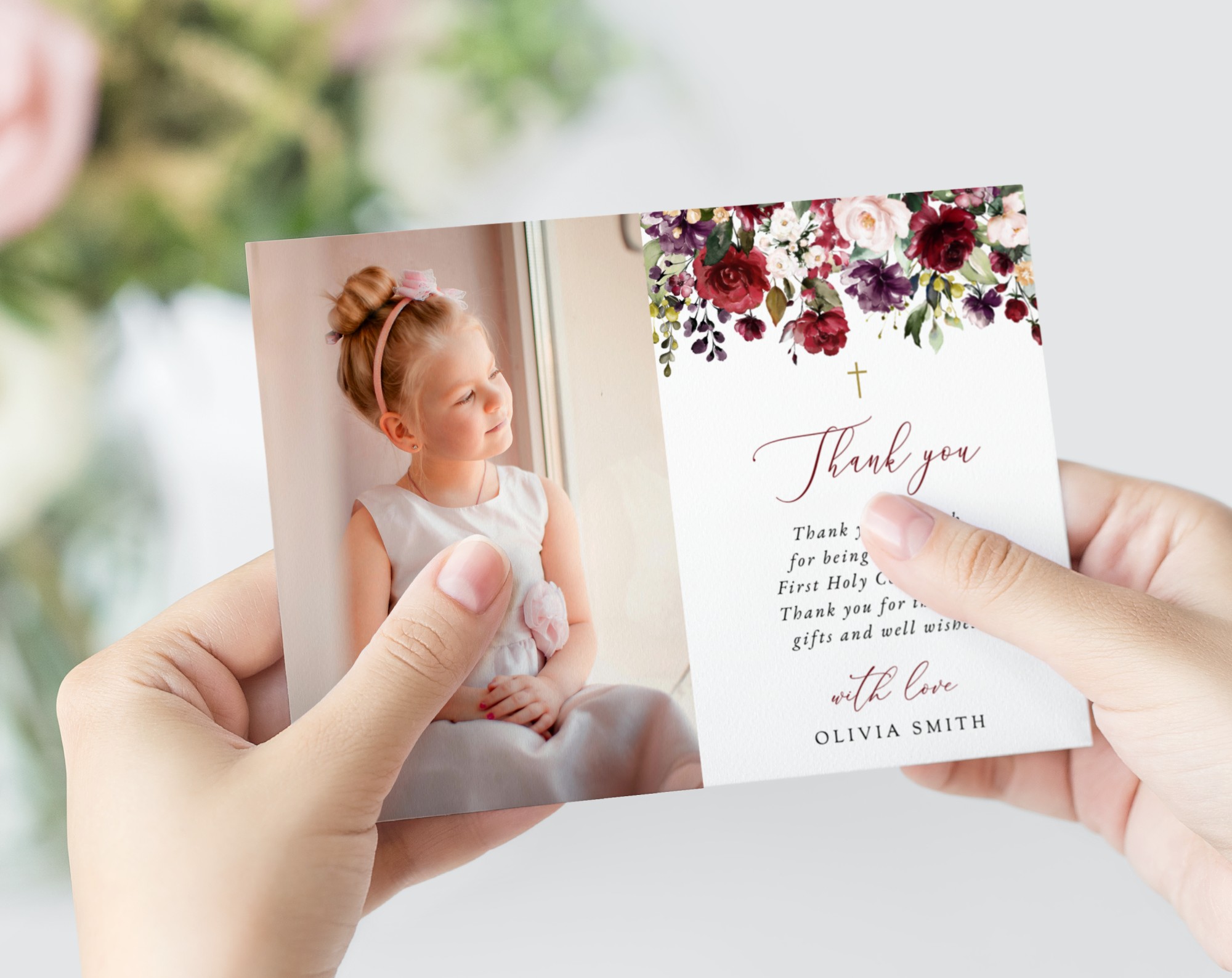 Burgundy, Purple and Blush Flowers First Holy Communion Thank You Card, Printable File, Edit Yourself, SH153