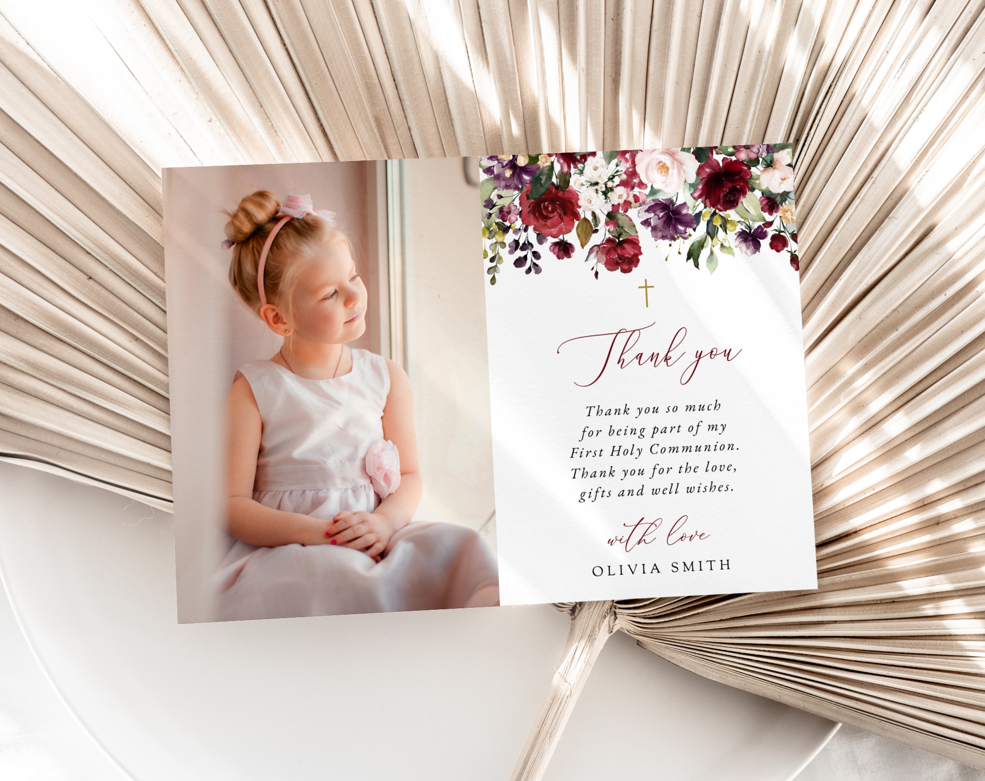 Burgundy, Purple and Blush Flowers First Holy Communion Thank You Card, Printable File, Edit Yourself, SH153