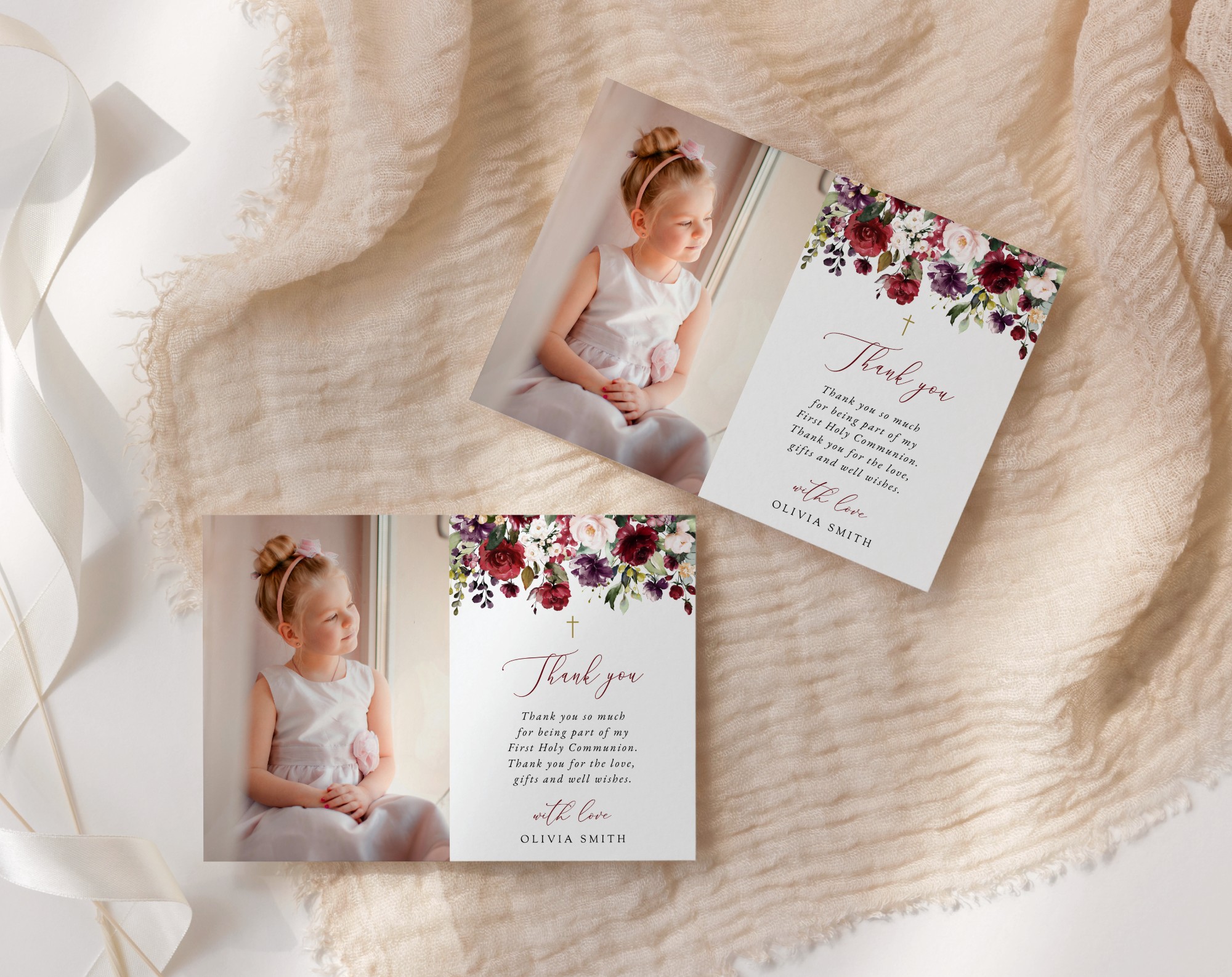 Burgundy, Purple and Blush Flowers First Holy Communion Thank You Card, Printable File, Edit Yourself, SH153