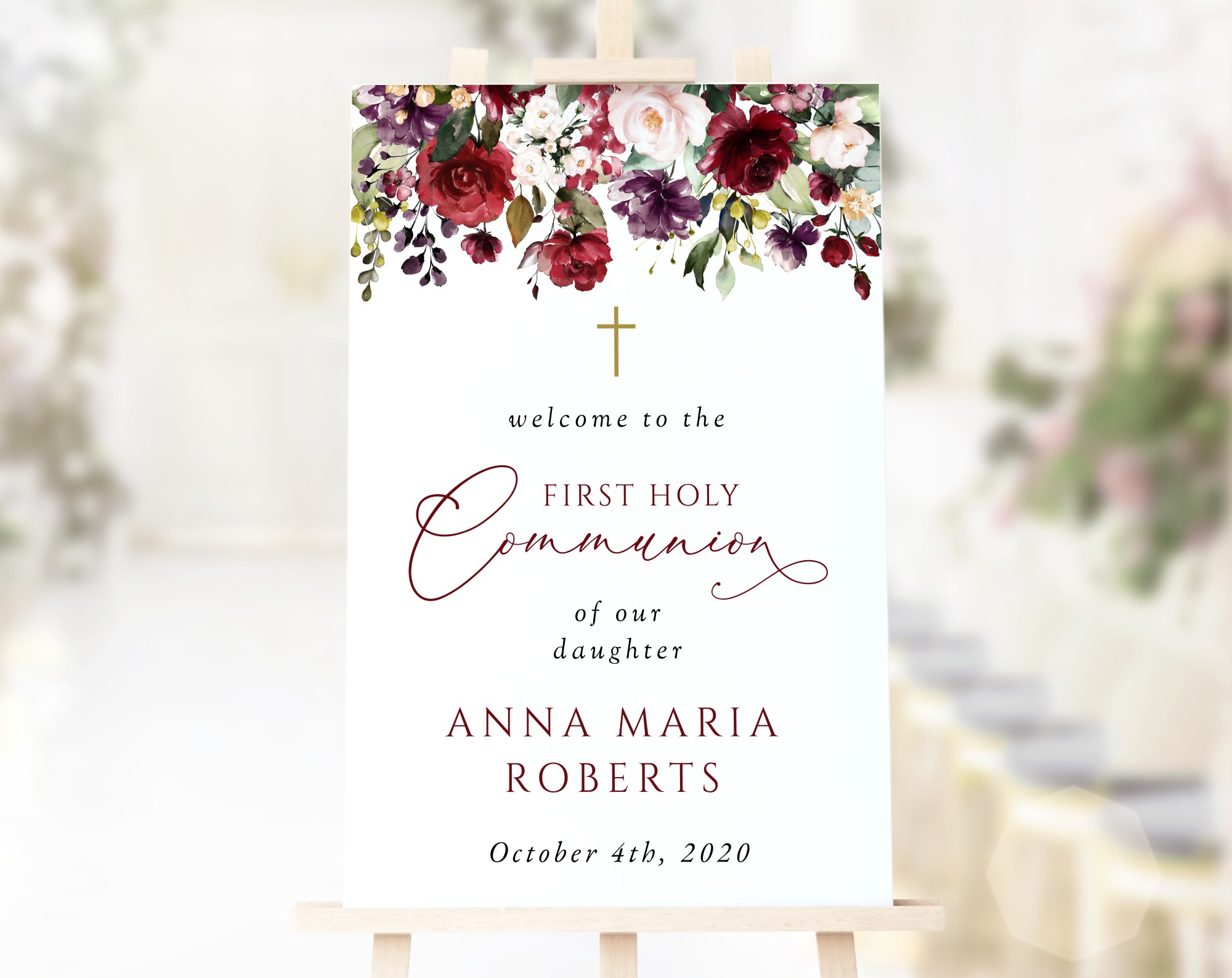 Burgundy, Purple and Blush Flowers Welcome Sign, First Holy Communion Sign, Printable File, Edit Yourself, SH153