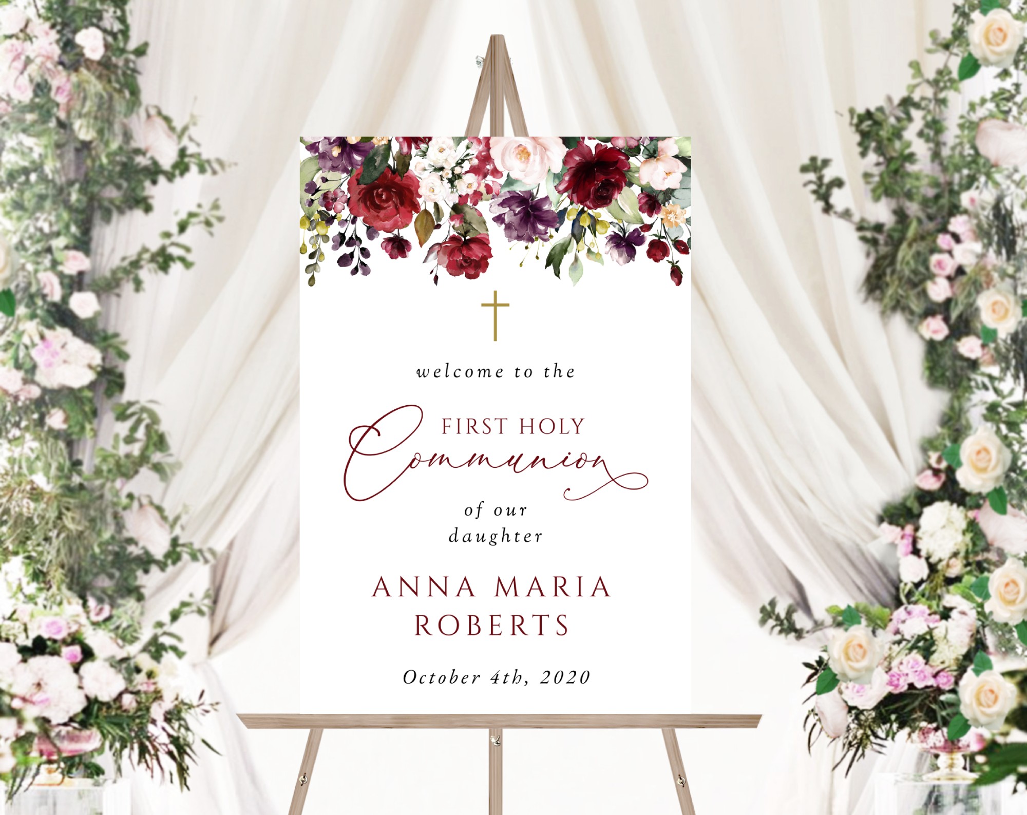 Burgundy, Purple and Blush Flowers Welcome Sign, First Holy Communion Sign, Printable File, Edit Yourself, SH153