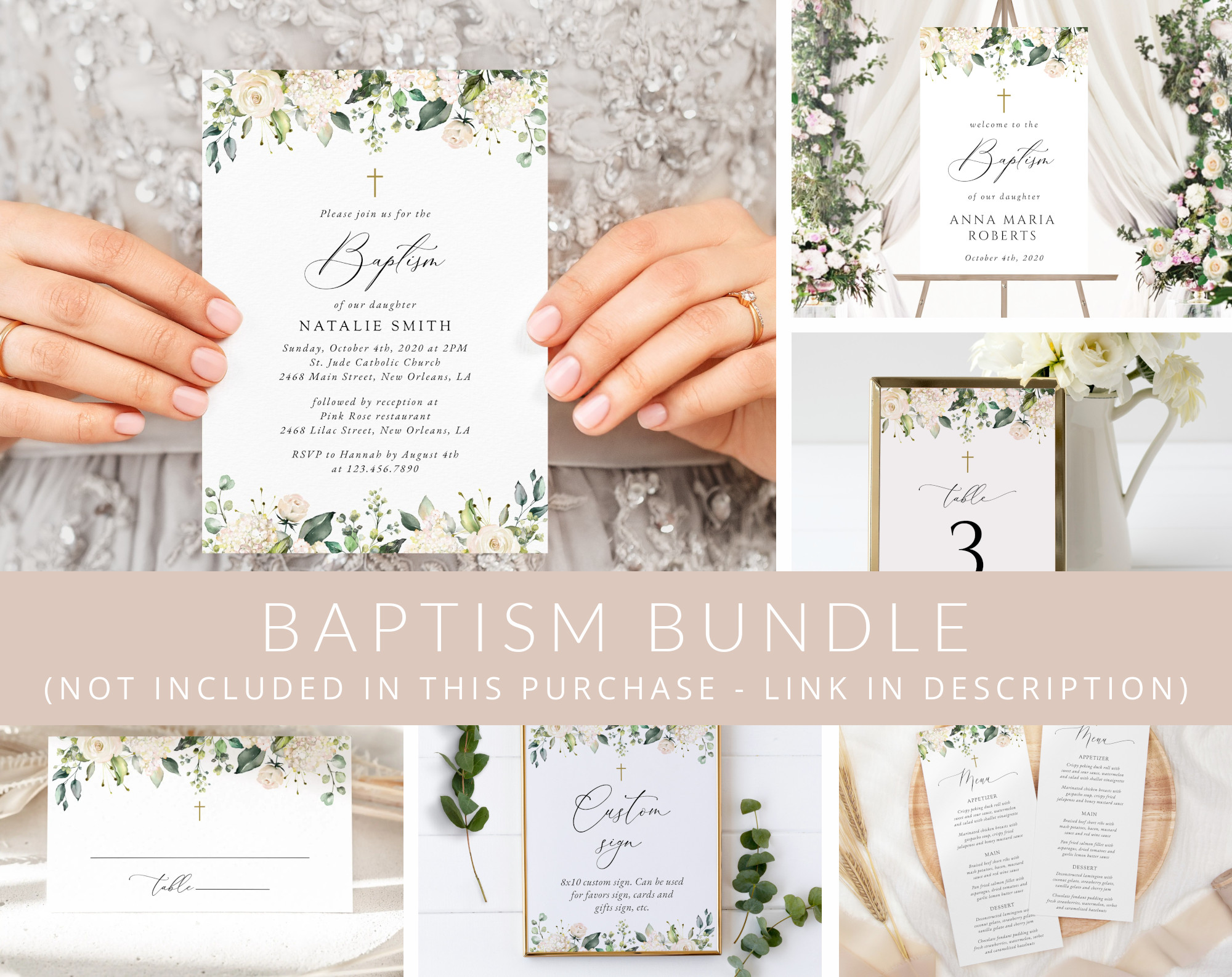 Cream White Flowers Baptism Mini Bundle, Printable File, Edit Yourself, SH154