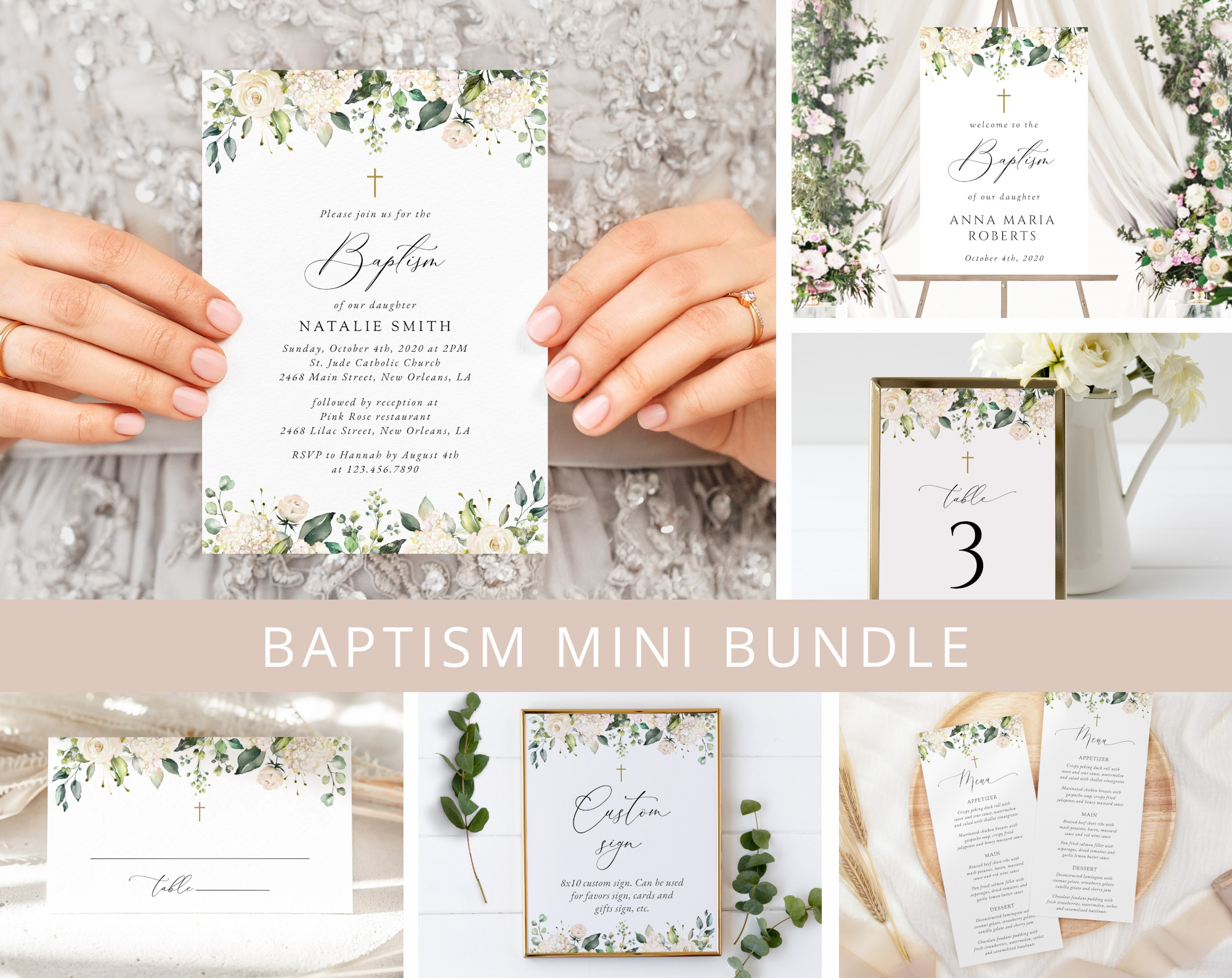 Cream White Flowers Baptism Mini Bundle, Printable File, Edit Yourself, SH154