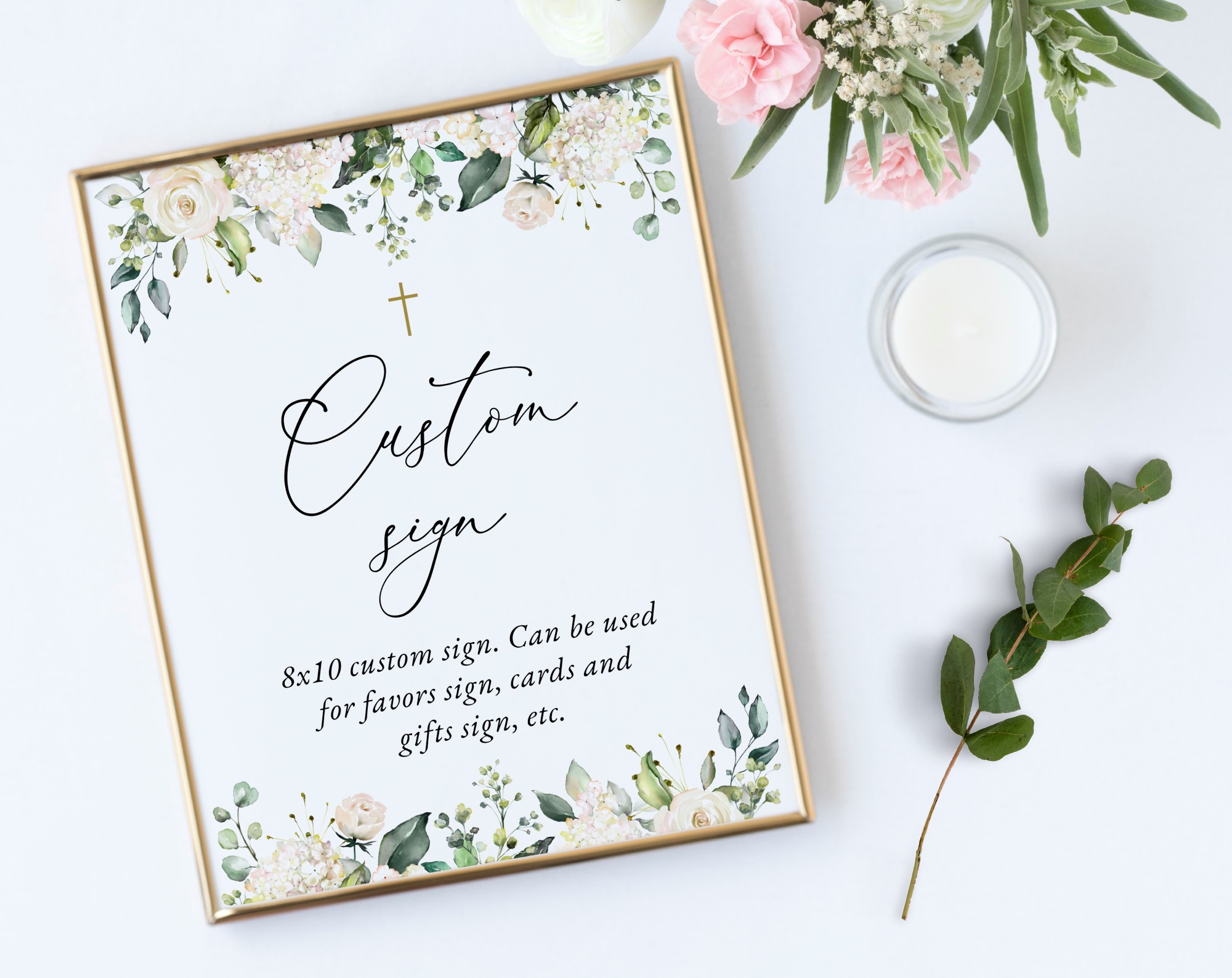 Cream White Flowers Custom Sign, Baptism, First Holy Communion, Printable File, Edit Yourself, SH154 SH155