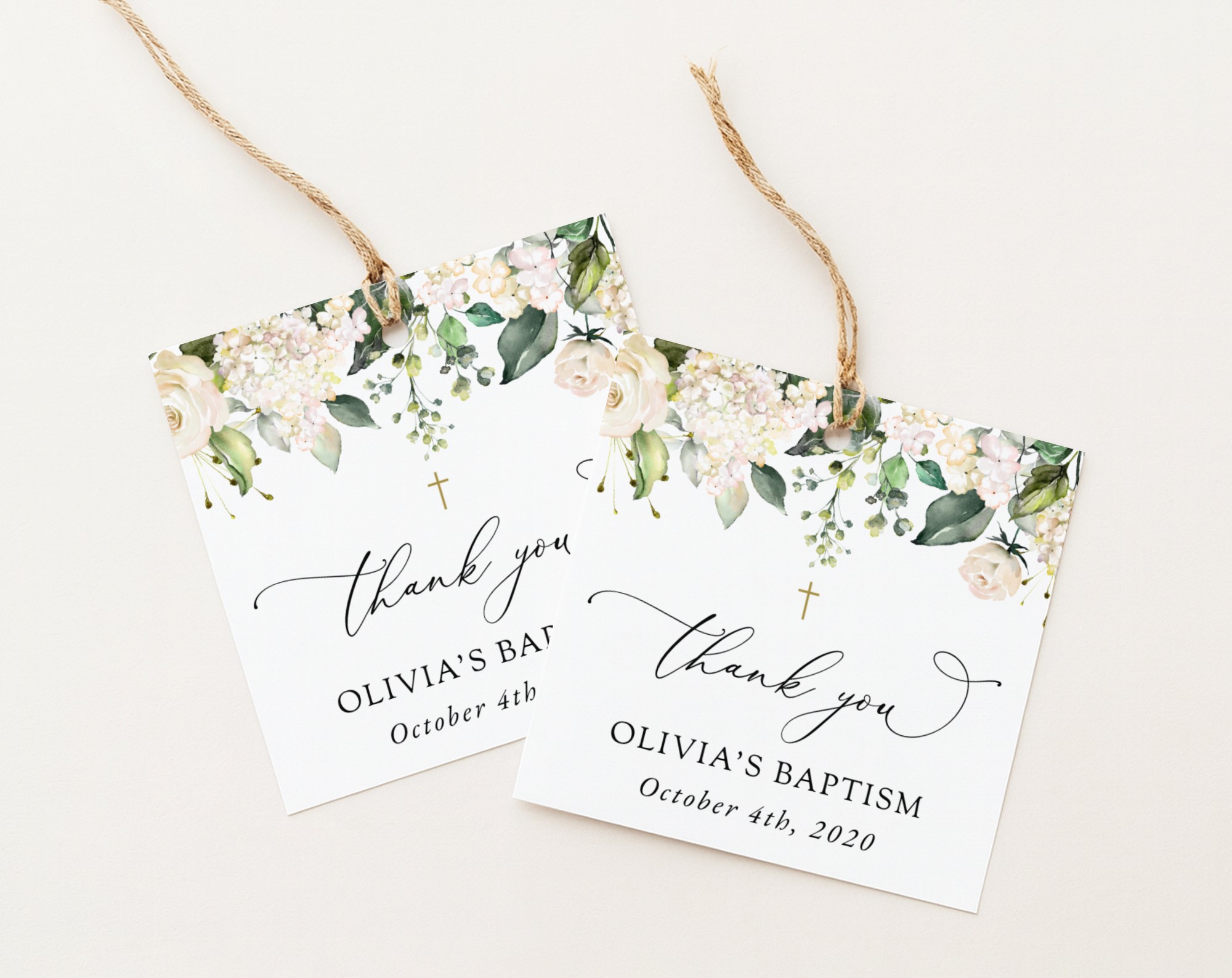 Cream White Flowers Baptism Favor Tags, Gift Tags, Printable File, Edit Yourself, SH154