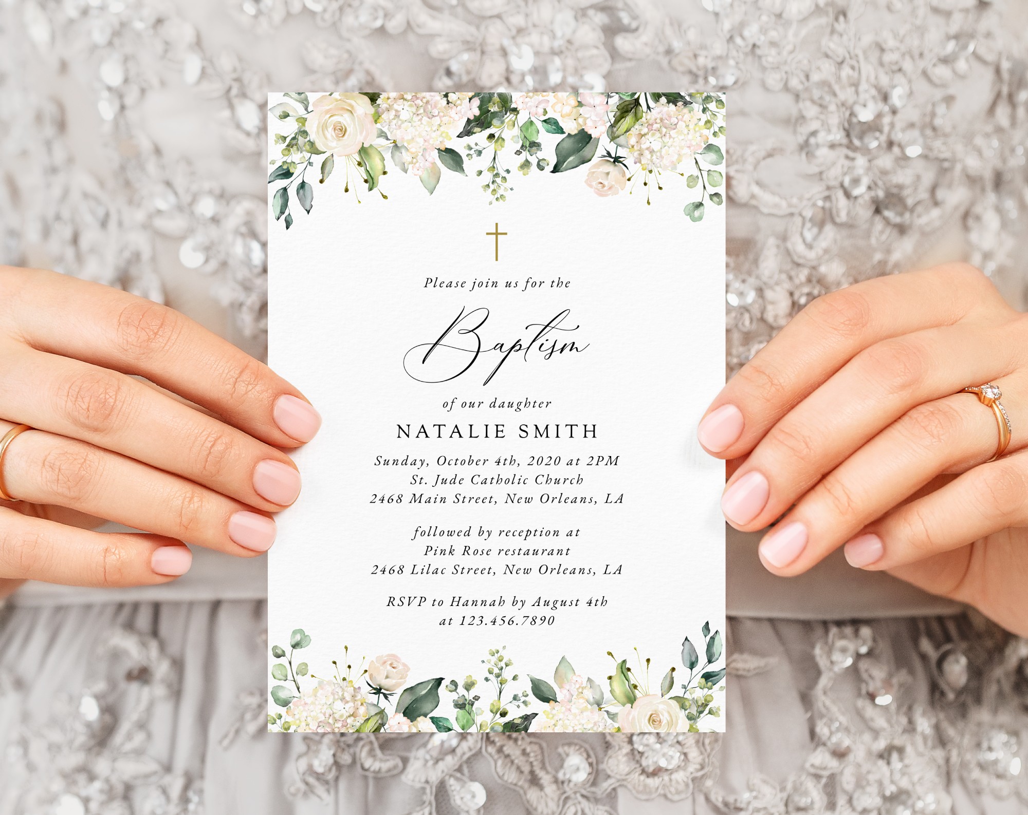 Cream White Flowers Baptism Invitation, Baptism Stationery, Printable File, Edit Yourself, SH154