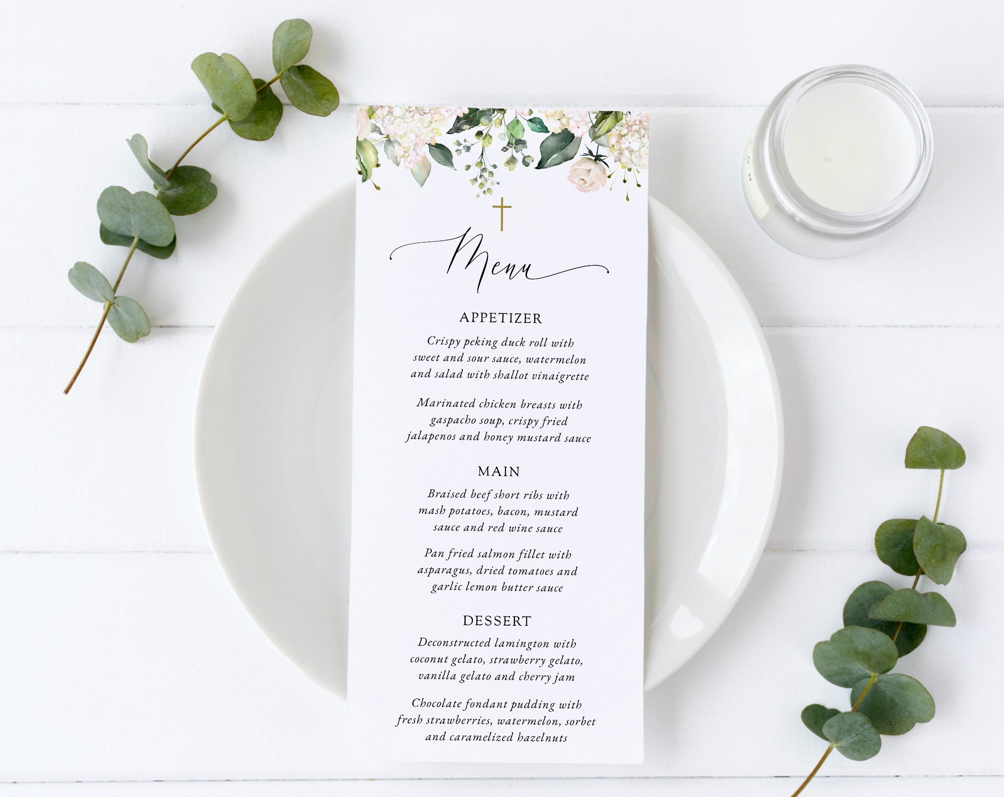 Cream White Flowers Menu, Baptism, First Holy Communion, Printable File, Edit Yourself, SH154 SH155